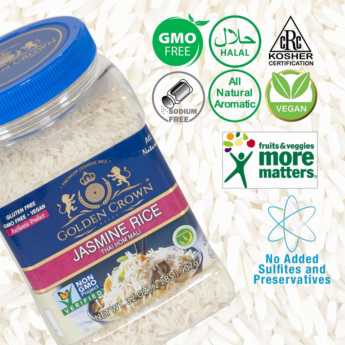 Golden Crown Jasmine Rice - 32 oz (2 LB) Jar, Non-Sticky, Fluffy Aromatic Rice, Thai, Indian, & Fragrant Flavored Long-Grain White Rice