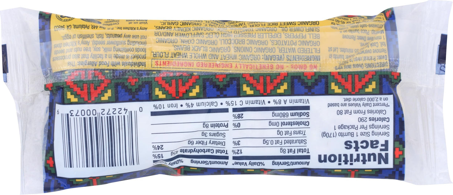Amy's Frozen Black Bean Burrito, Vegan, Made with Organic Beans and Vegetables, 6.0 Ounce