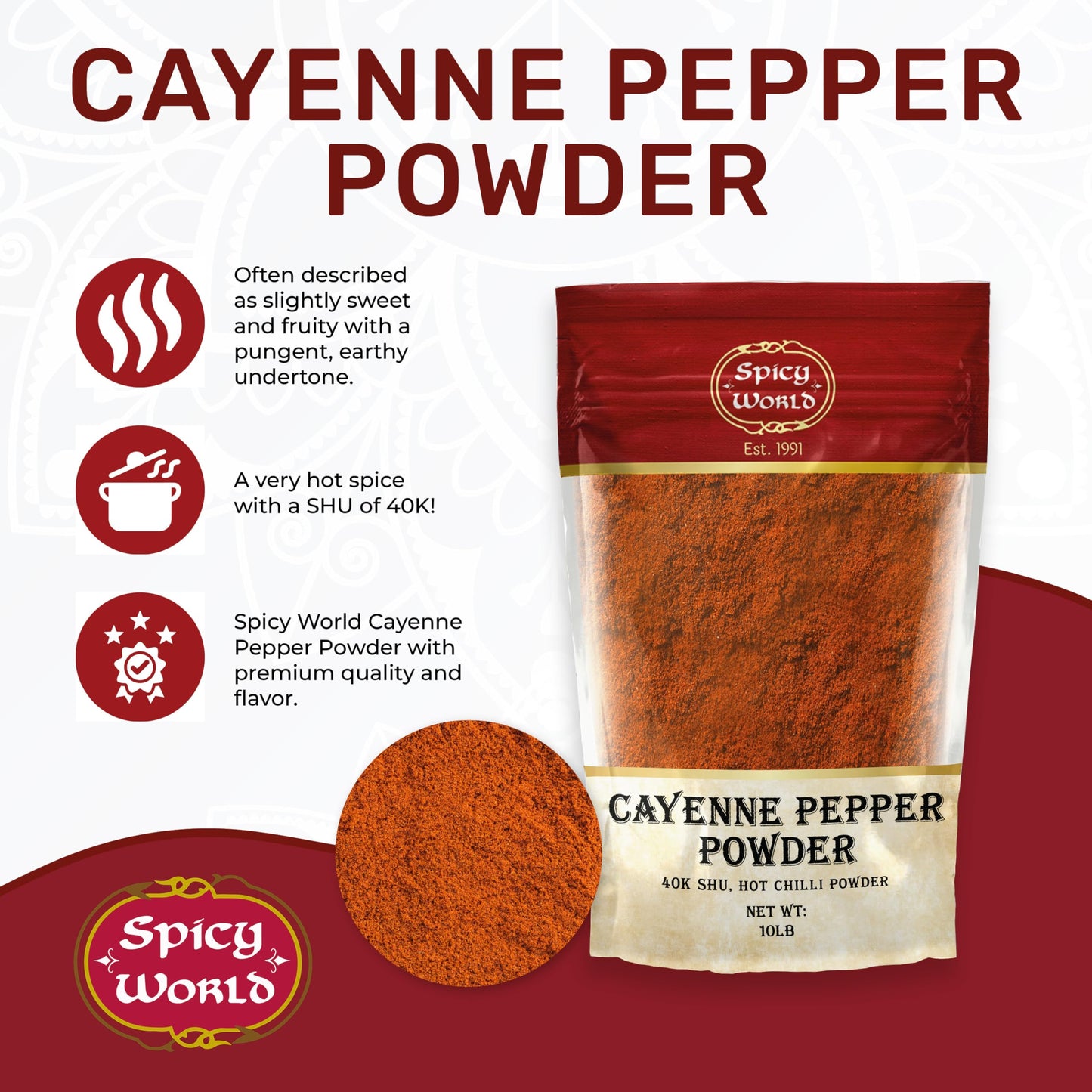 Spicy World Cayenne Pepper Powder Ground Chili Pepper 10 Pound Bulk Bag- 40K SHU, Hot Chilli Powder