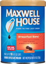 Maxwell House Breakfast Blend Light Roast Ground Coffee (11 oz Canisters, Pack of 3)