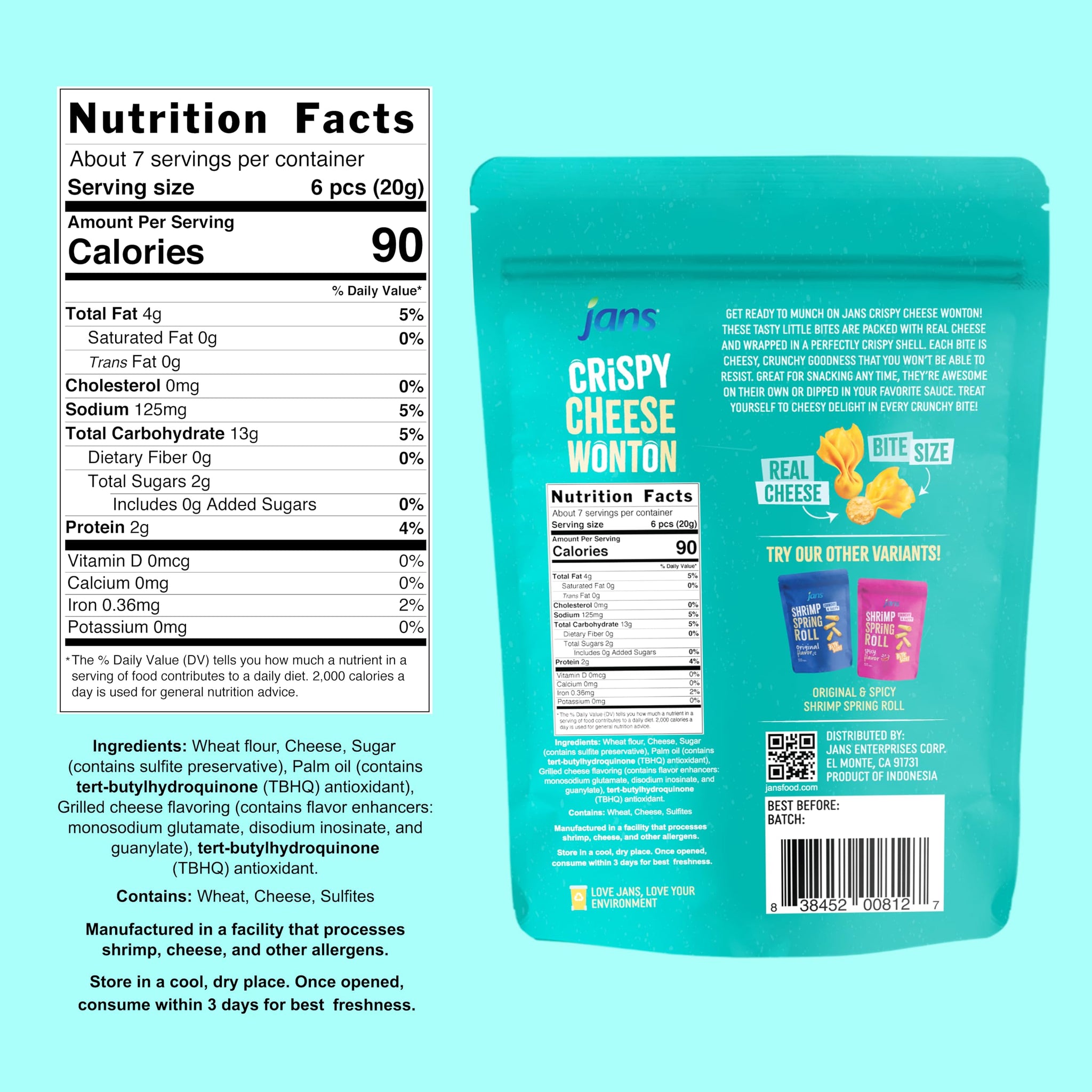 Jans Crispy Cheese Wonton Chips with Cheese Filling 5.29 oz - Crunchy Bite Size Snacks Fried Wonton Strips Snack, Cheese Crisps, Authentic Asian