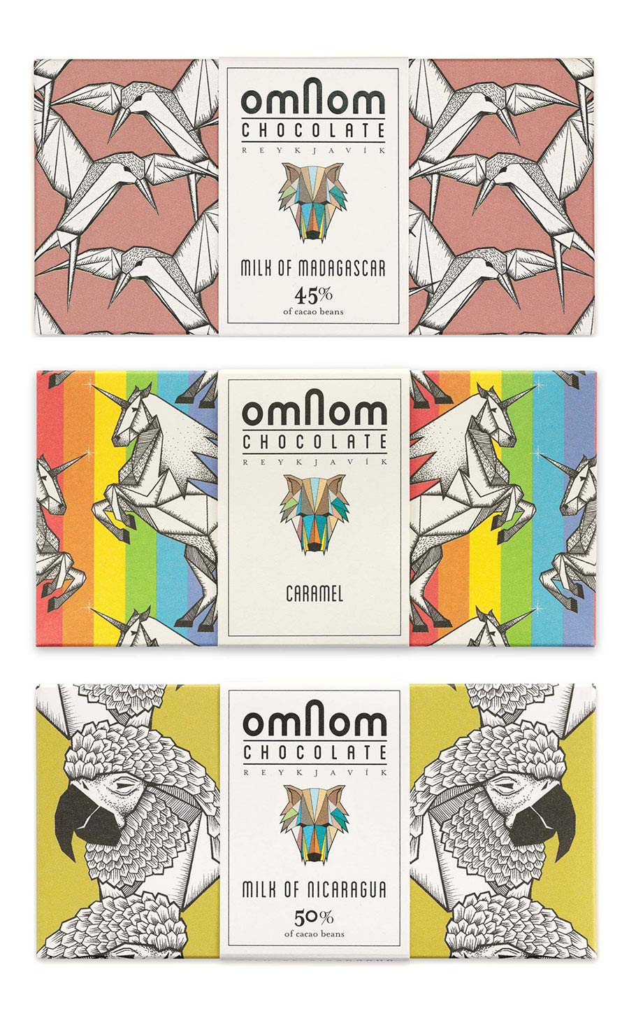 OmNom Milk Chocolate Trio | Milk Of Madagascar, Caramel "Pride Bar", Milk Of Nicaragua | Icelandic Bean To Bar Chocolate by OMNOM CHOCOLATE REYKJAVIK