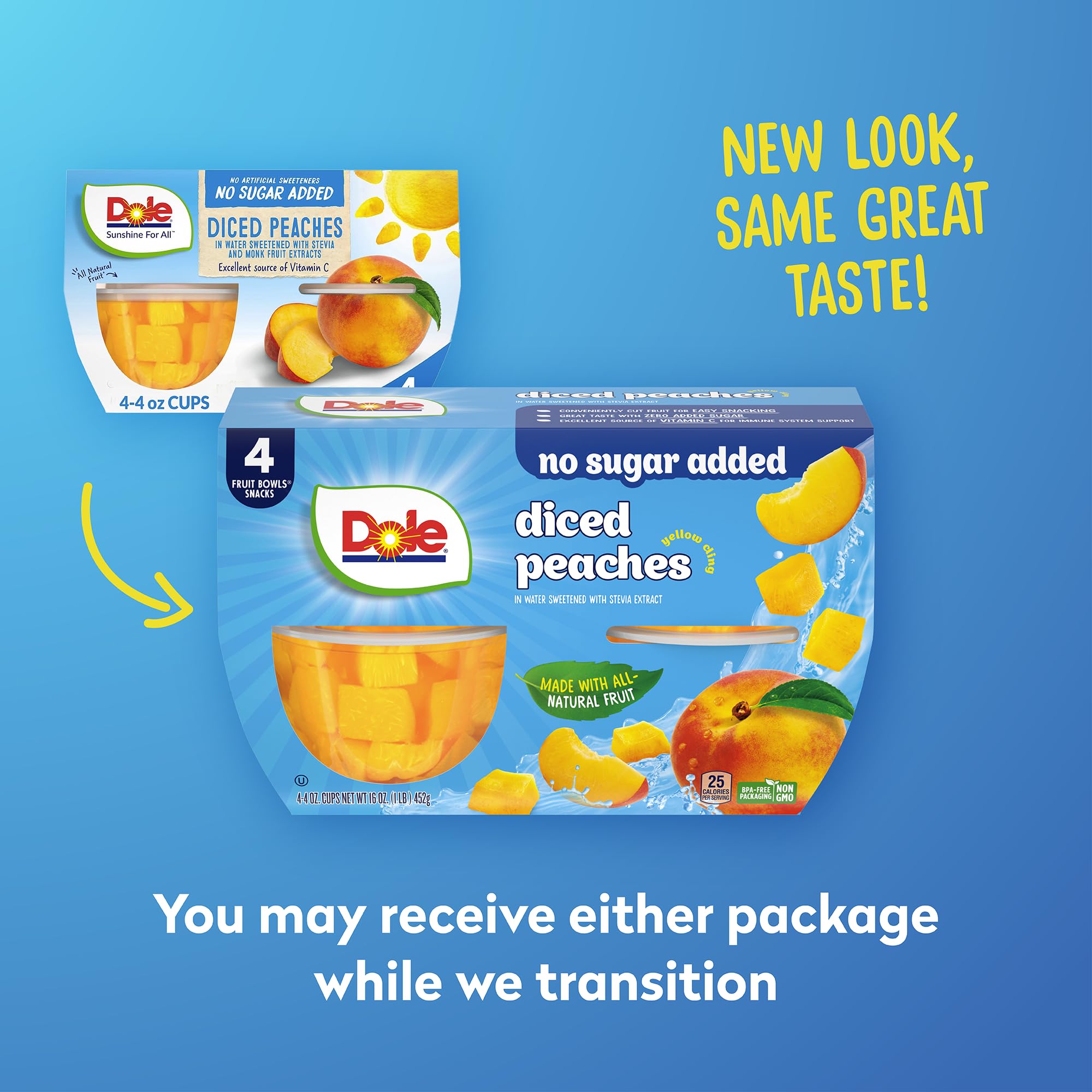 Dole Diced Peaches with No Sugar Added^^ - Dole Fruit Bowls Snacks - 4 oz Fruit Bowls - 4 Pack