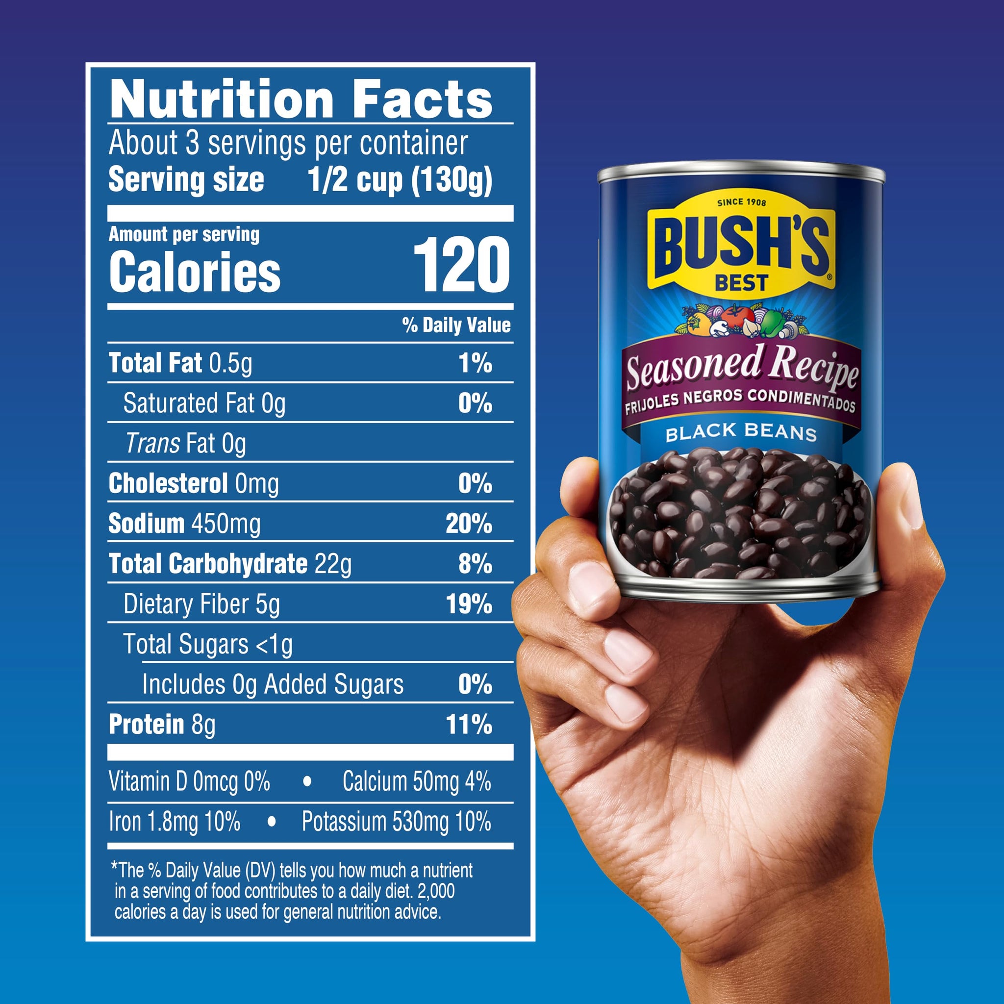Bush's Canned Seasoned Recipe Black Beans (Pack of 1), Good Source of Plant-Based Protein, Good Source of Fiber, Fat Free, Gluten Free, 15 oz