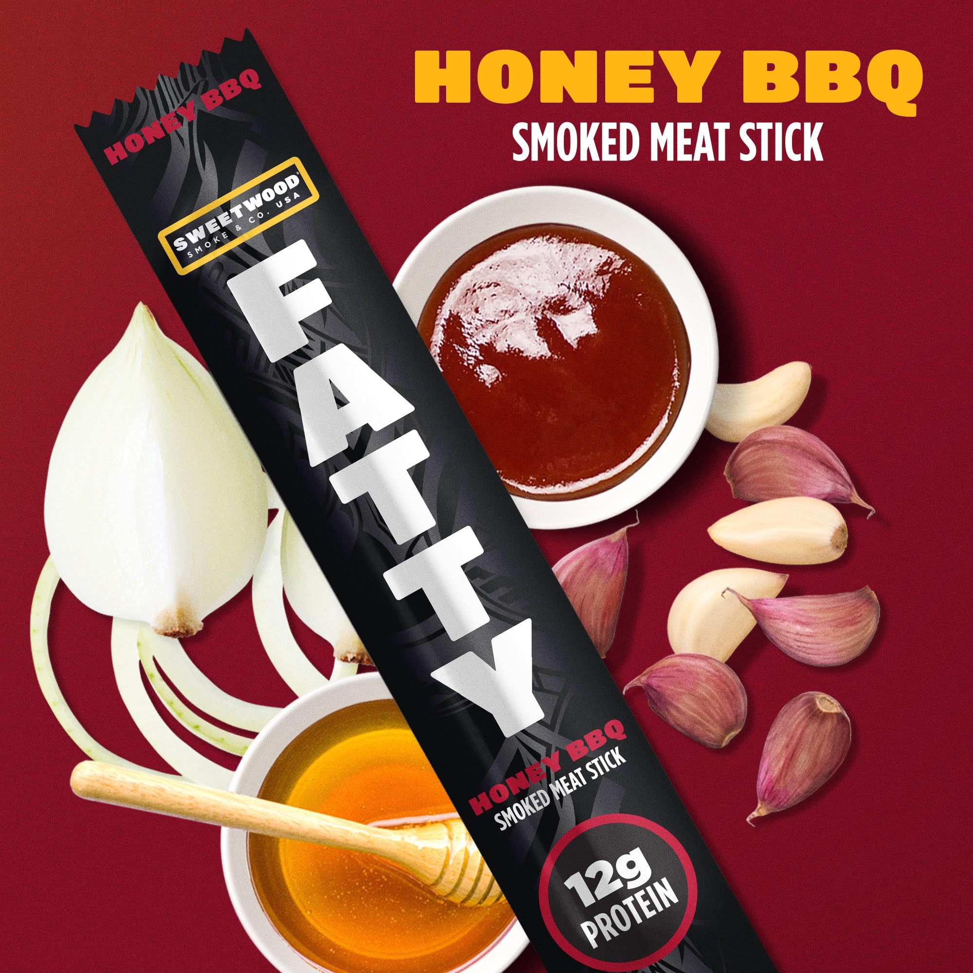 FATTY Meat Sticks, Made with Grass Fed Beef, Pork Raised Without Antibiotics, 12g Protein Per Stick, Honey BBQ, 2 oz. (Pack of 5)