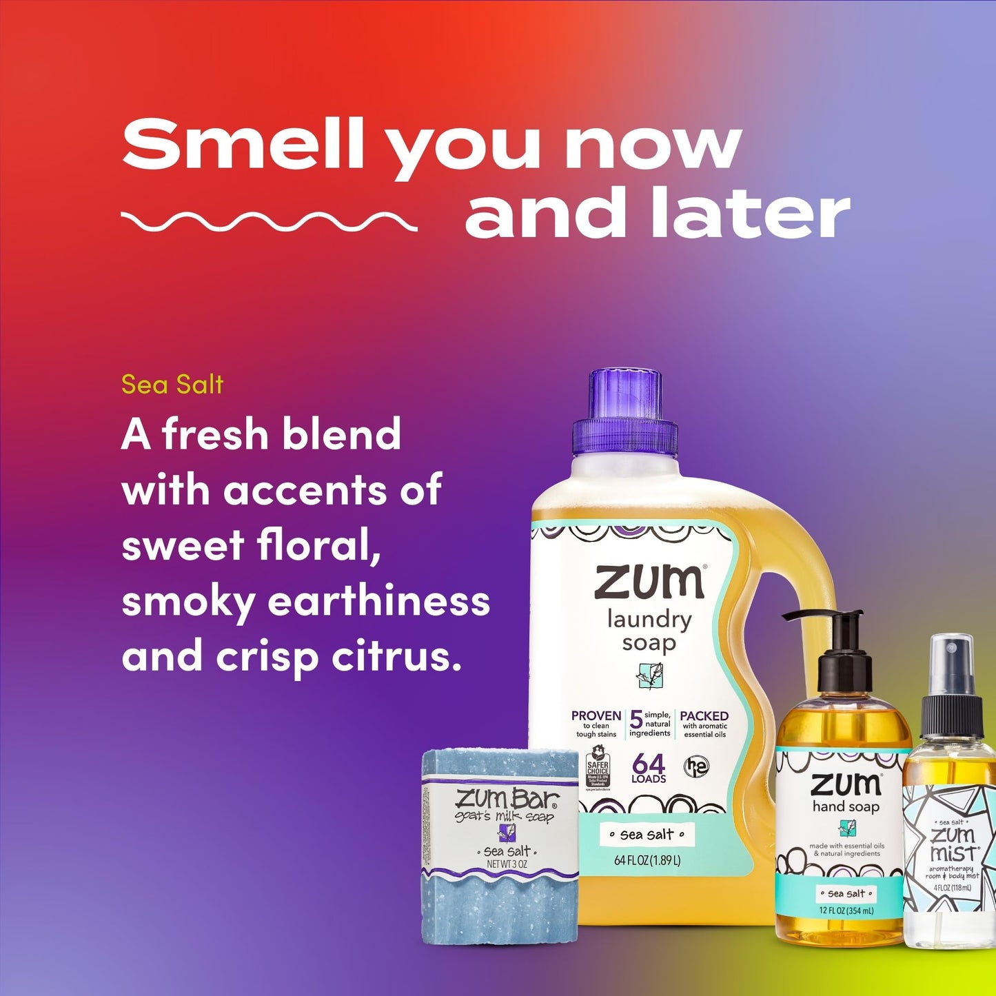 Zum Indigo Wild Home Essentials - Laundry Soap (64 oz) - Liquid Hand Soap (12 fl oz) - Room Spray Air Freshener (4 fl oz) - Goat Milk Soap Bar (3 oz)