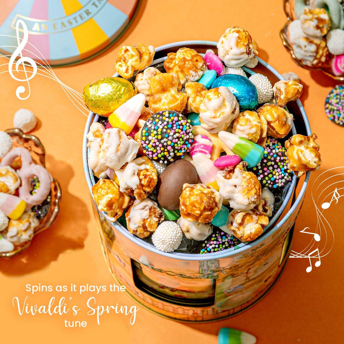 Easter Gift Tin, Musical Carousel with Spring Candy Assortment - Plays Holiday Music, Chocolate Eggs, Yogurt Pretzels & Popcorn, Holiday Box Present