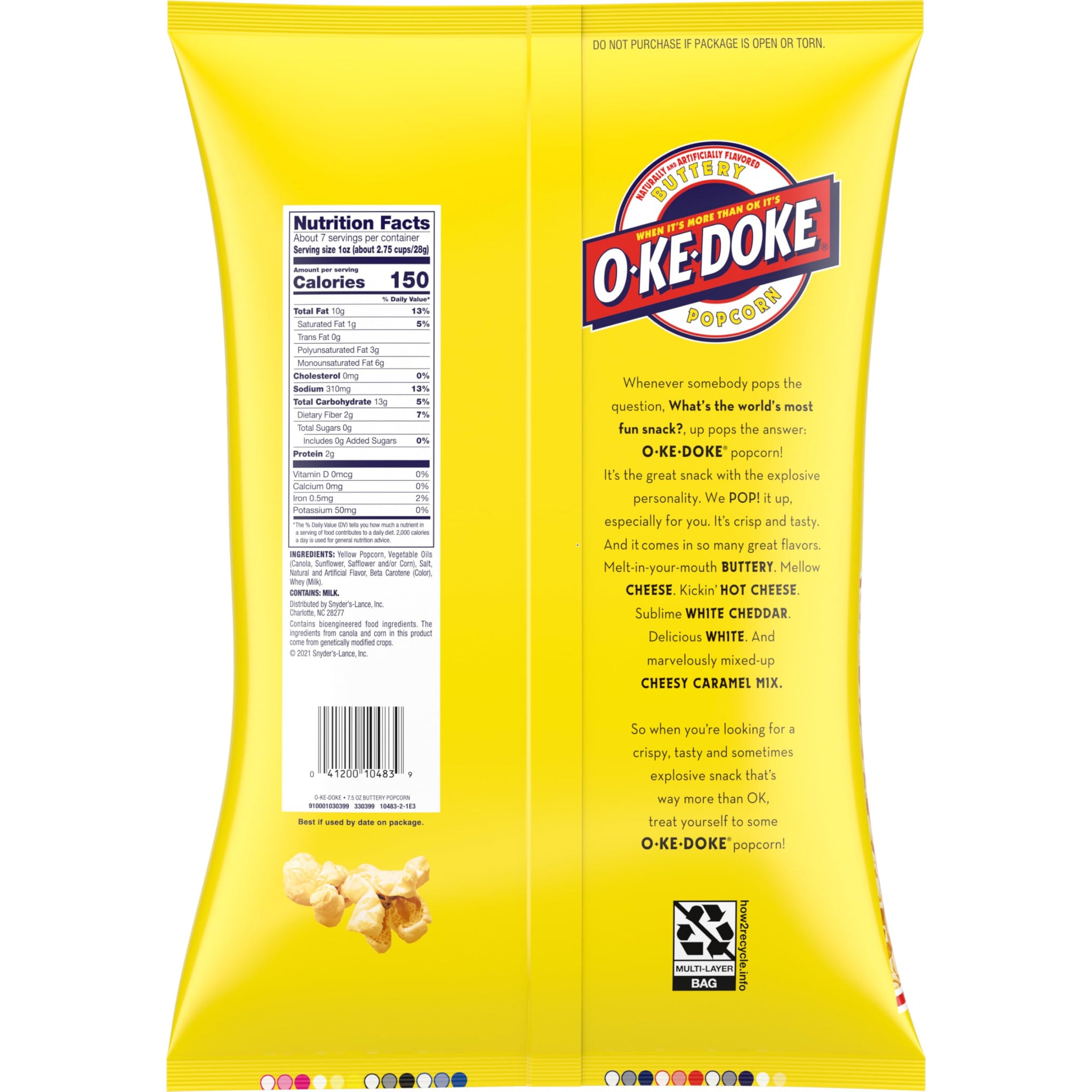 O-Ke-Doke Popcorn, Buttery Popcorn, 7.5 Oz Bag