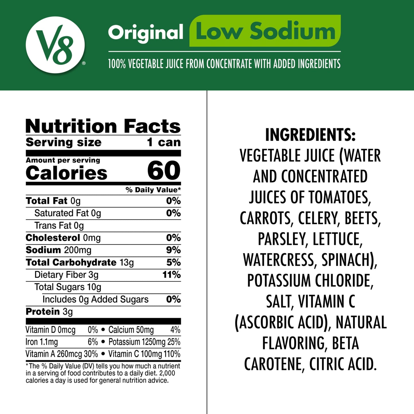 V8 Low Sodium Original 100% Vegetable Juice, 11.5 fl oz Can