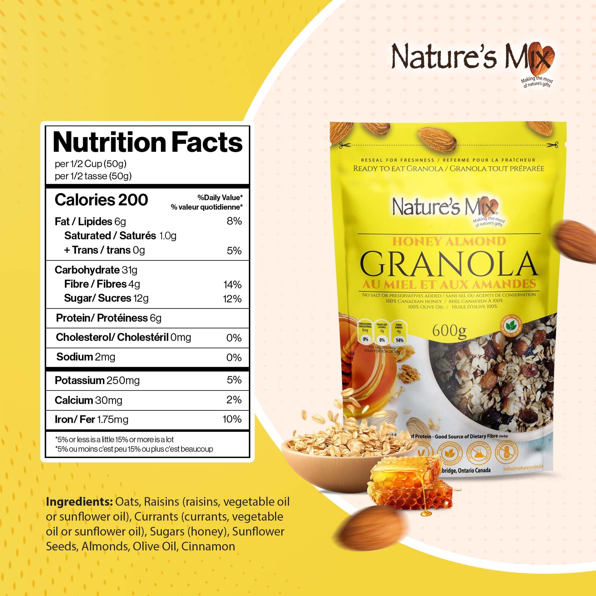 Nature's Mix - Honey Almond Granola - Almonds, Raisins, Dried Currants - Sweetened with Canadian Honey - No Sugar, Salt, or Preservatives - Large