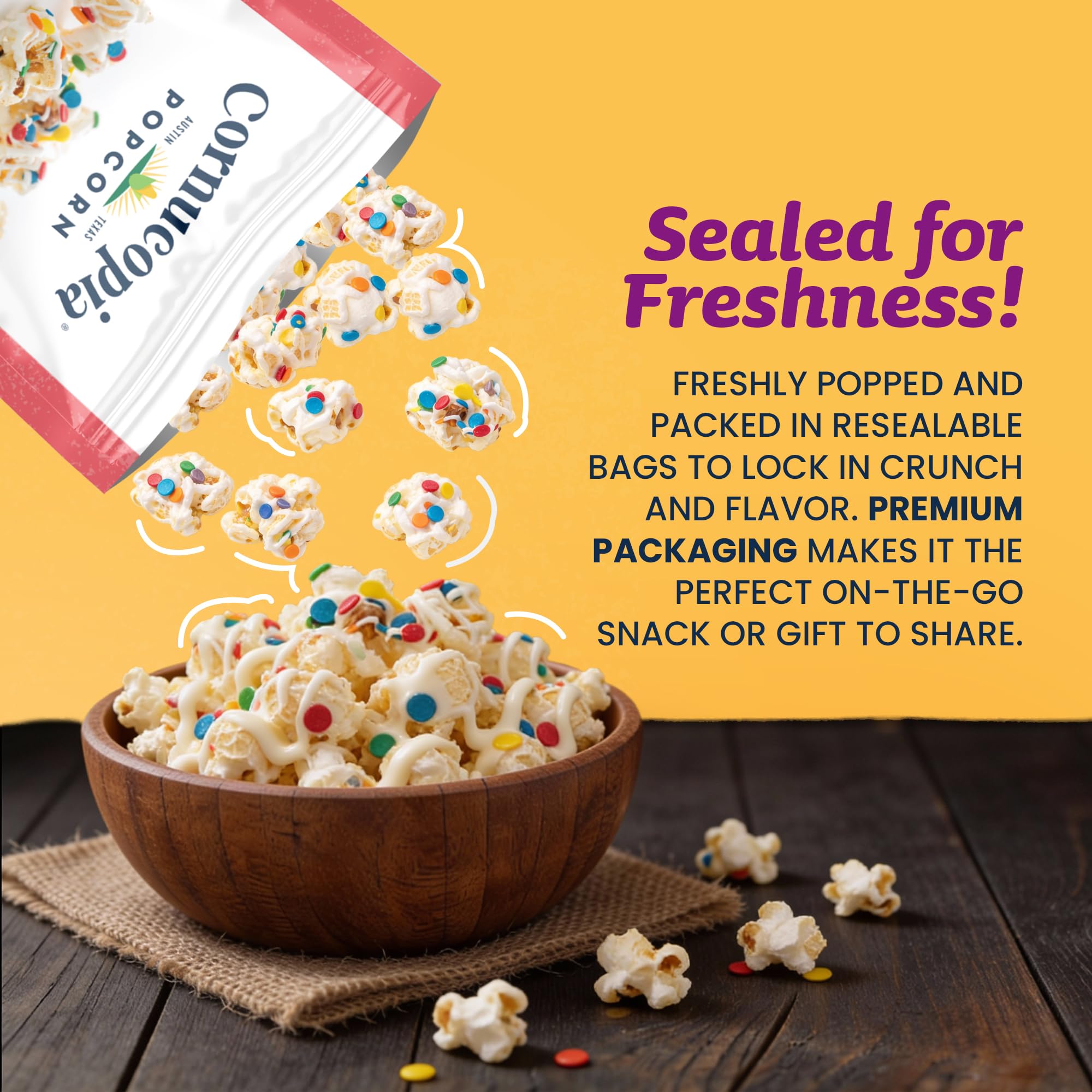 Cornucopia Popcorn Birthday Cake - Gourmet Popcorn from Austin. Vanilla Popcorn with White Chocolate & Confetti Sprinkles for Celebrations, Movie