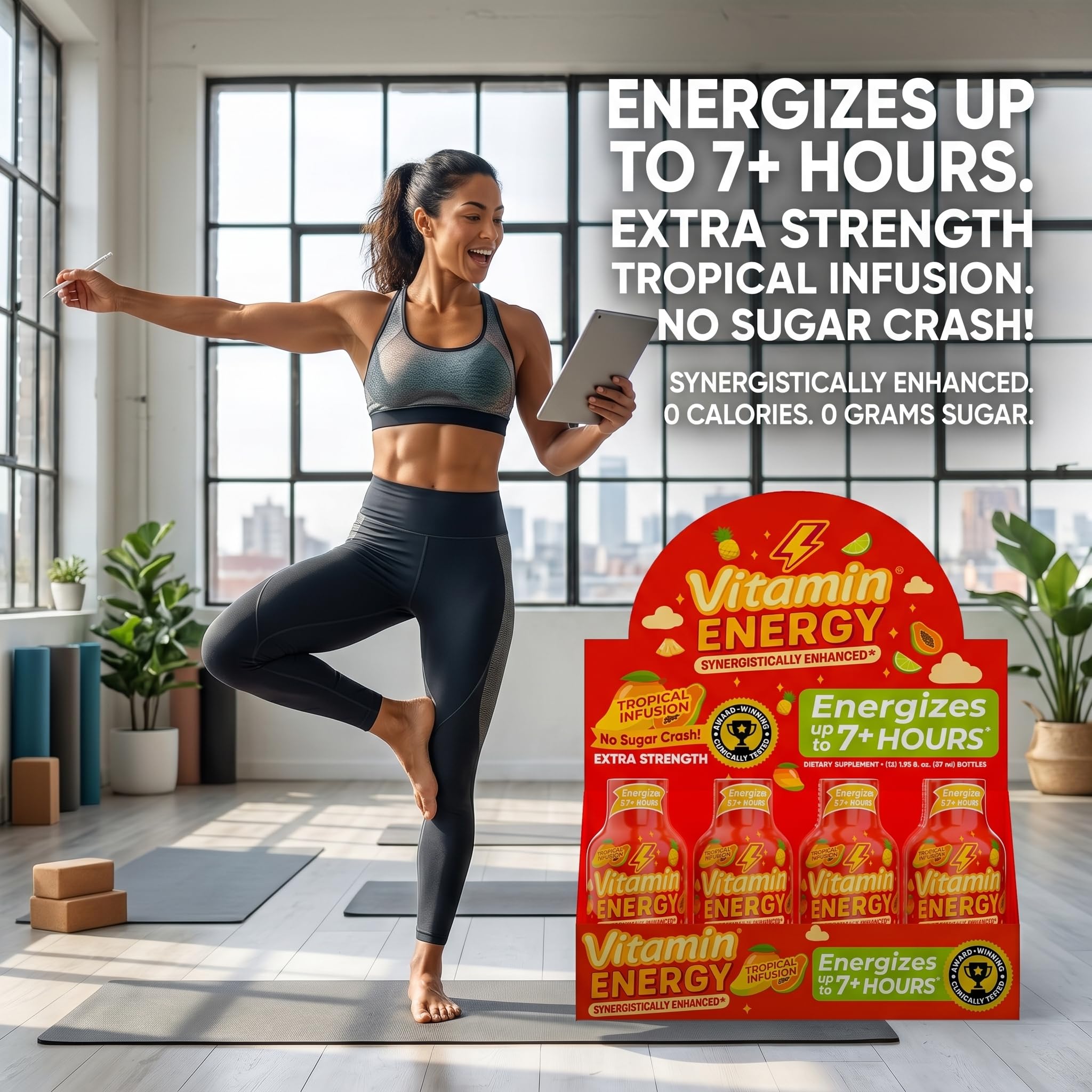 Vitamin Energy Tropical Infusion Extra Strength Energy Shot, 24 Pack - Up to 7 Hrs, 260mg Natural Caffeine, Zero Sugar - BCAAs + CoQ10, Focus Support