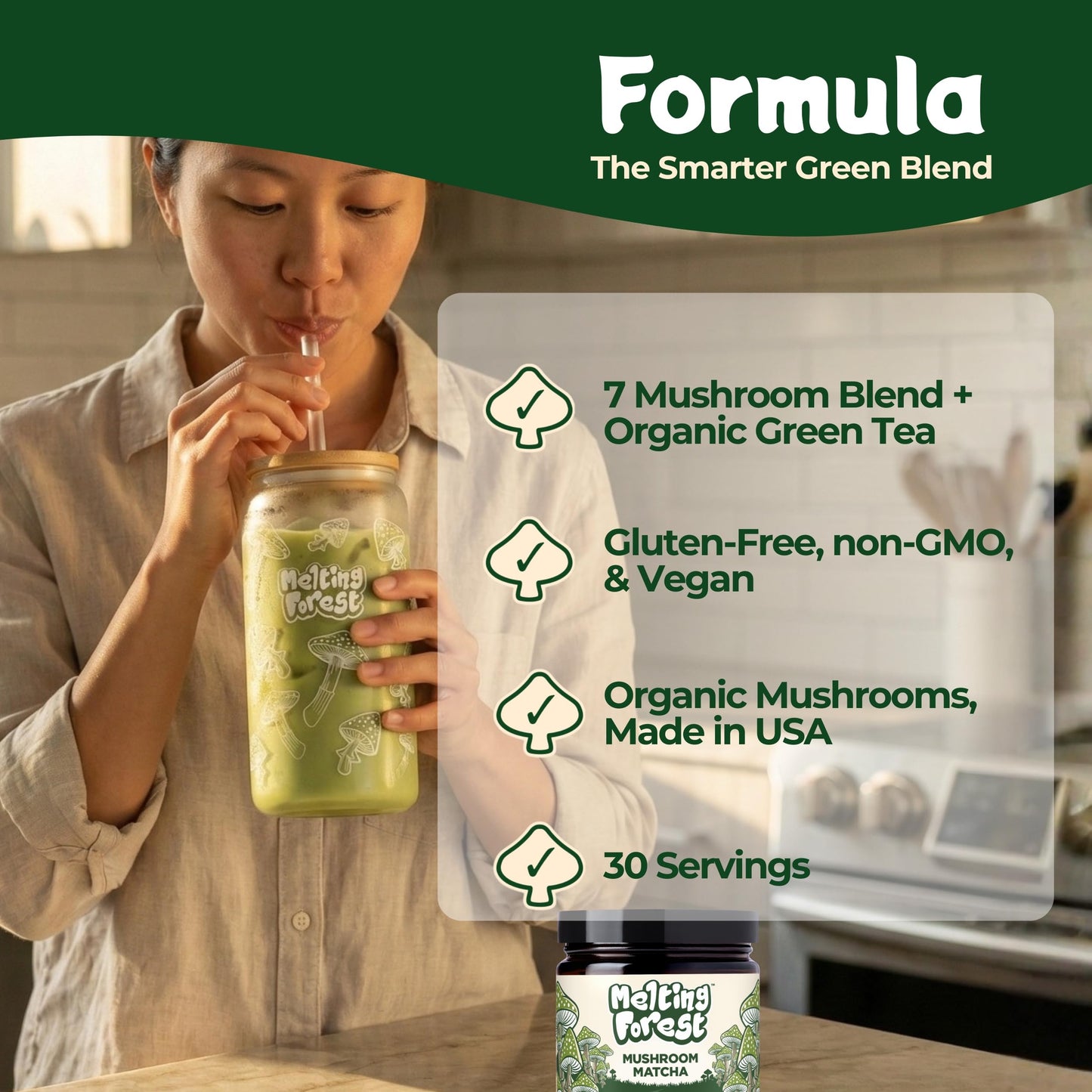 Melting Forest Mushroom Matcha Powder with 7 Functional Mushrooms, Reishi & Lion’s Mane, Adaptogen Blend (30 Servings)