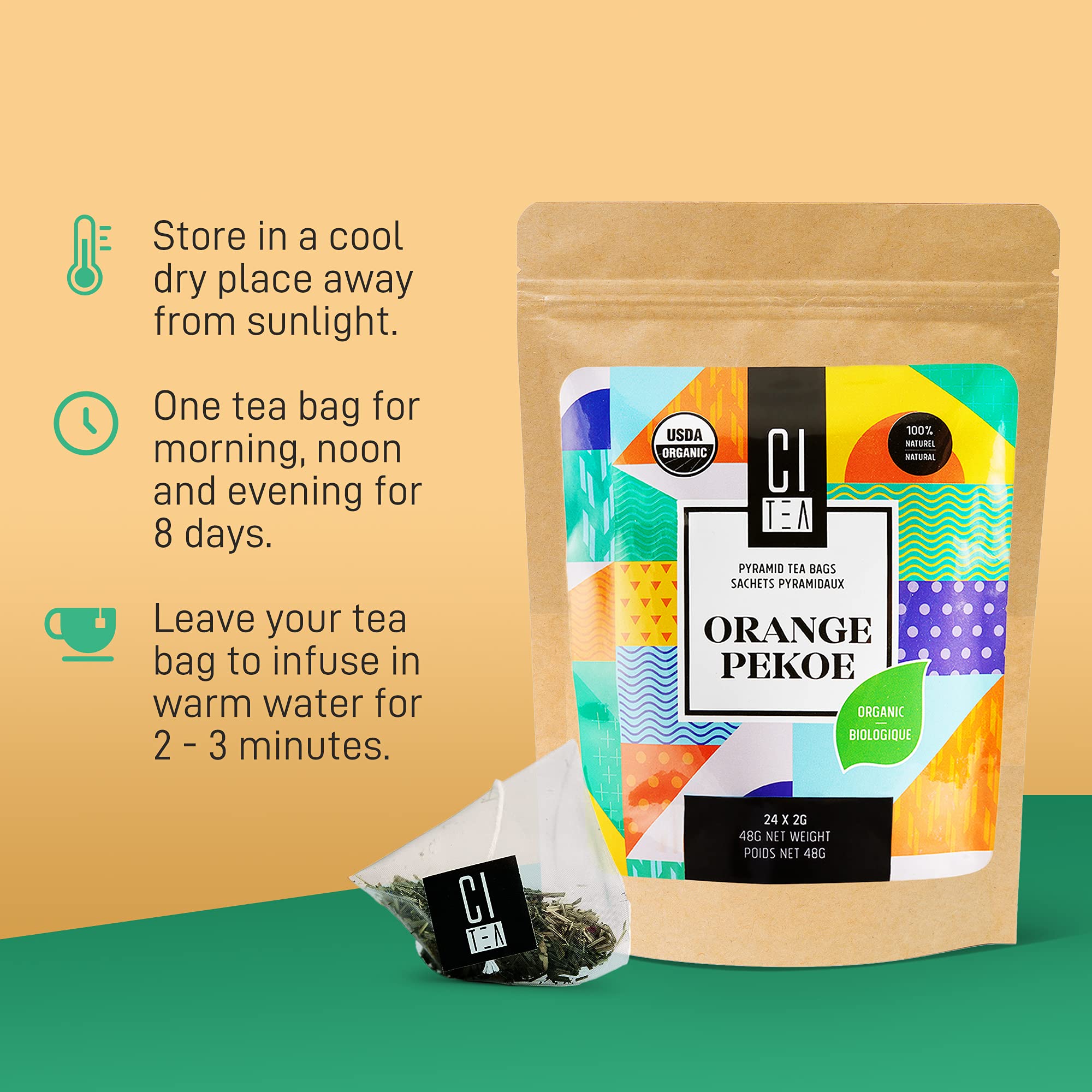 Natural Orange Pekoe, Loose Leaf Tea, Premium Black Tea, Pure Leaf Tea in Pyramid Tea Bags, 2g x 24 Tea Bags, 48g, 1 Pack - Citea