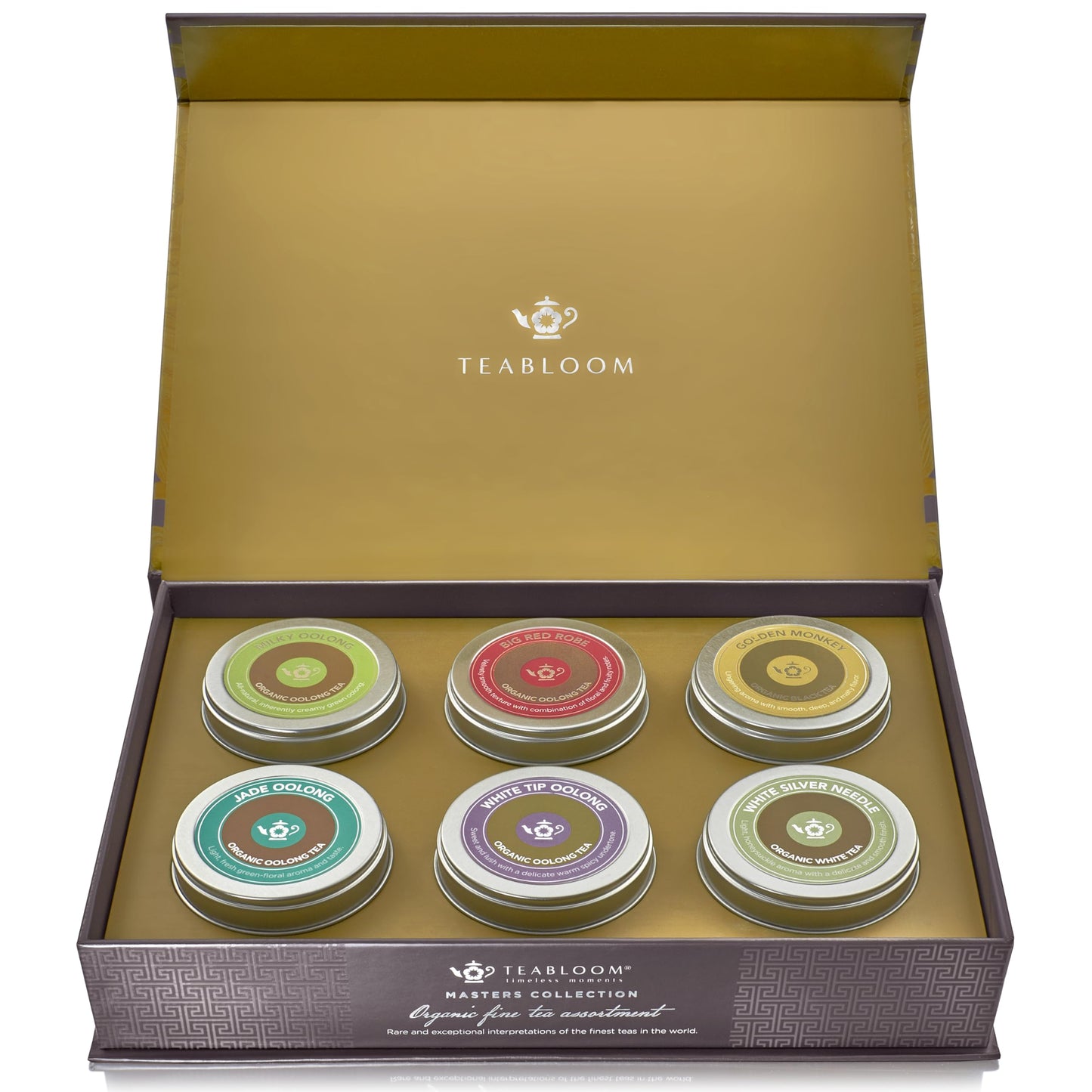 Teabloom Masters Collection - Six Rare Single-Origin Organic Loose Leaf Teas - Milky Oolong, White Silver Needle, Big Red Robe, Golden Monkey, Jade