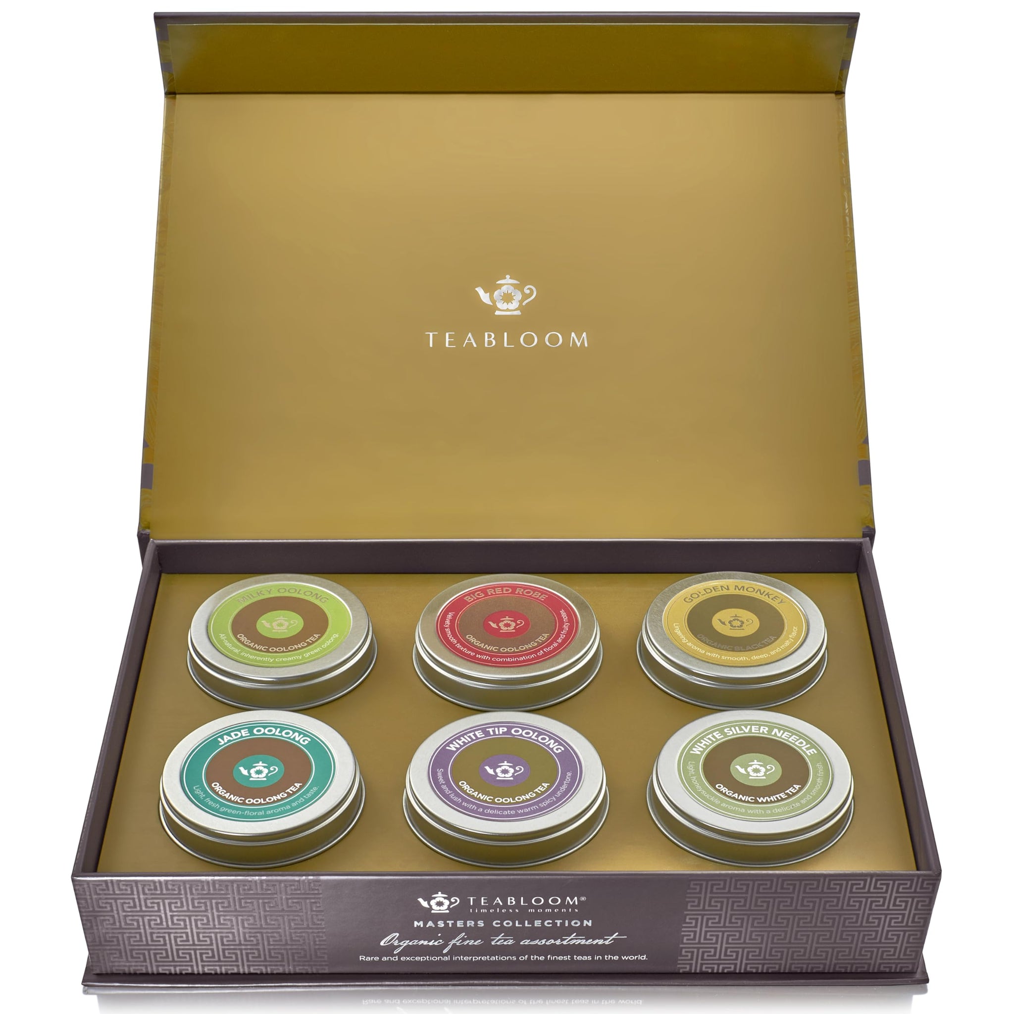 Teabloom Masters Collection - Six Rare Single-Origin Organic Loose Leaf Teas - Milky Oolong, White Silver Needle, Big Red Robe, Golden Monkey, Jade