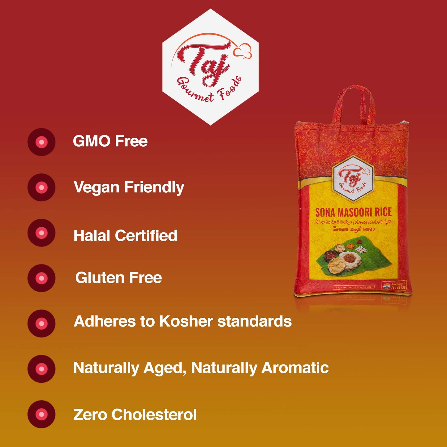 TAJ Sona Masoori Rice 10lbs | Short Grain White Rice | Product of India