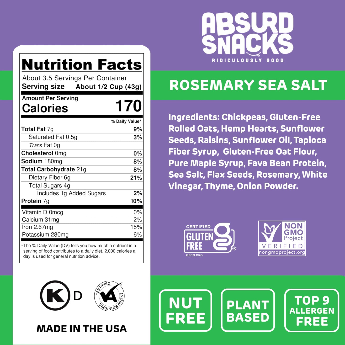 Absurd Snacks Chickpea & Granola Crunch Mix, Nut-Free, Gluten-Free, Plant-Based Snack, Good Source of Protein & Fiber 5 Ounce (Pack of 2), Rosemary