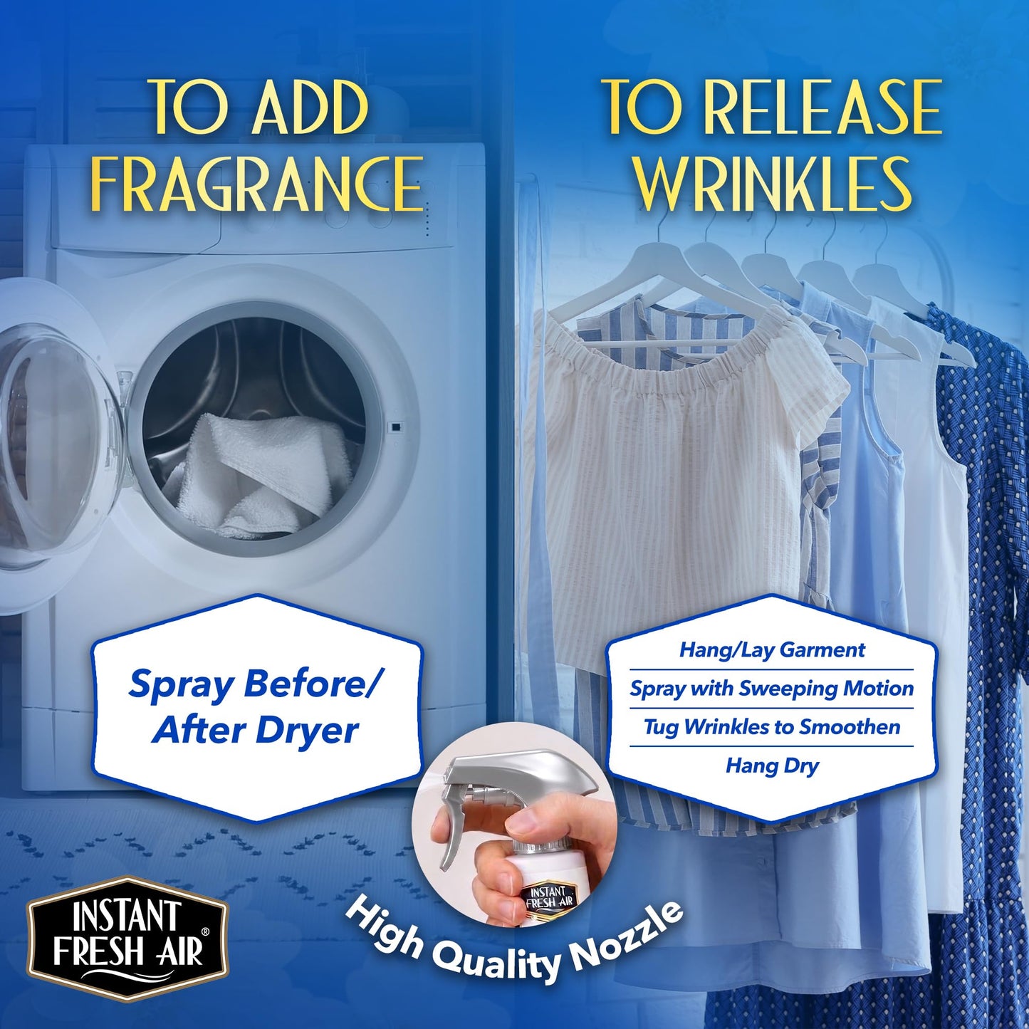 Instant Fresh Air After Dryer Fabric Freshener & Wrinkle Release Spray - For Clothes & Laundry - Luxury Fragrance Odor Remover & Wrinkle Releaser