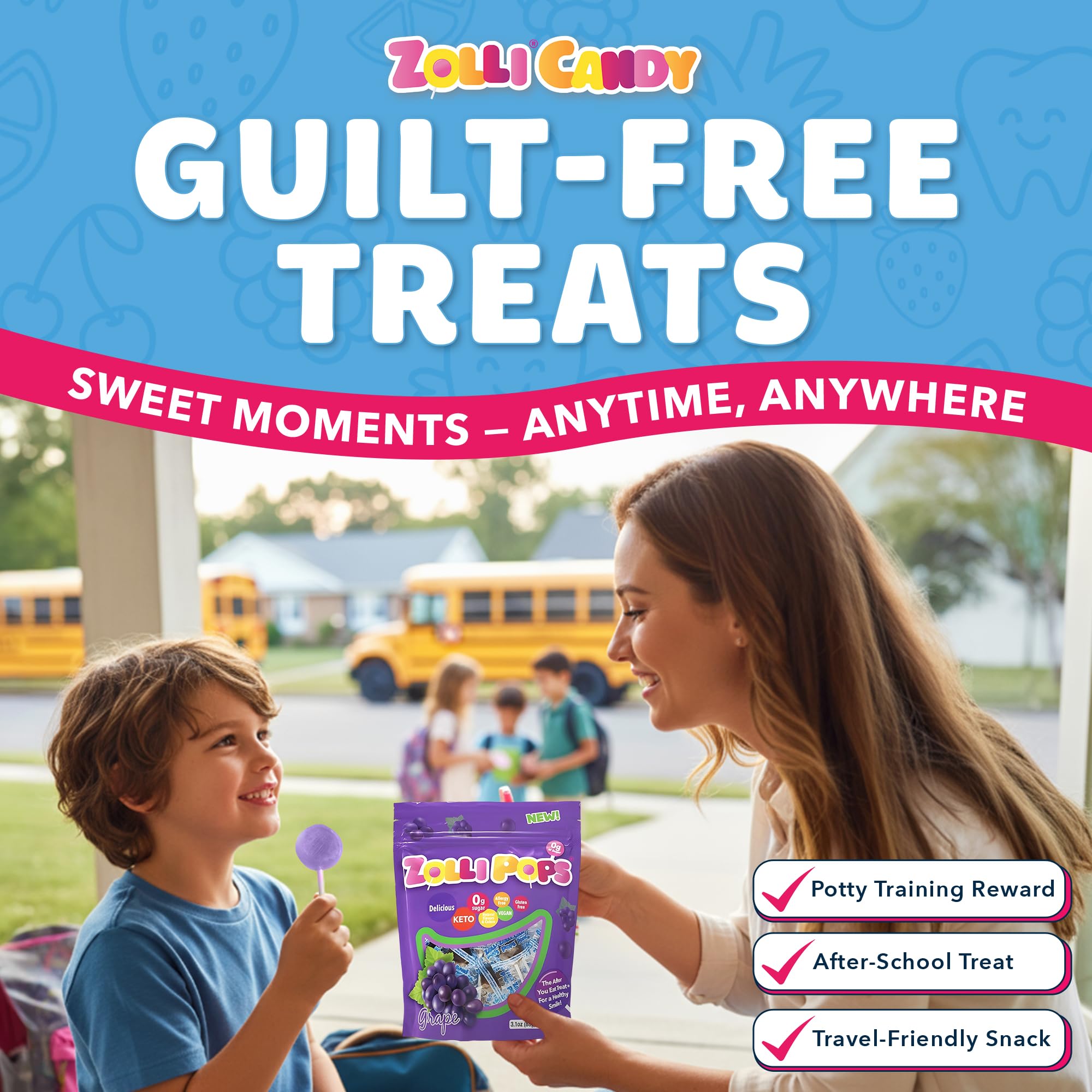 Zollipops Clean Teeth Pops Sugar Free Candy with Xylitol, Dye-Free Lollipops - Keto & Diabetic-Friendly, Dentist-Approved Treats for Kids (Grape, 3.1