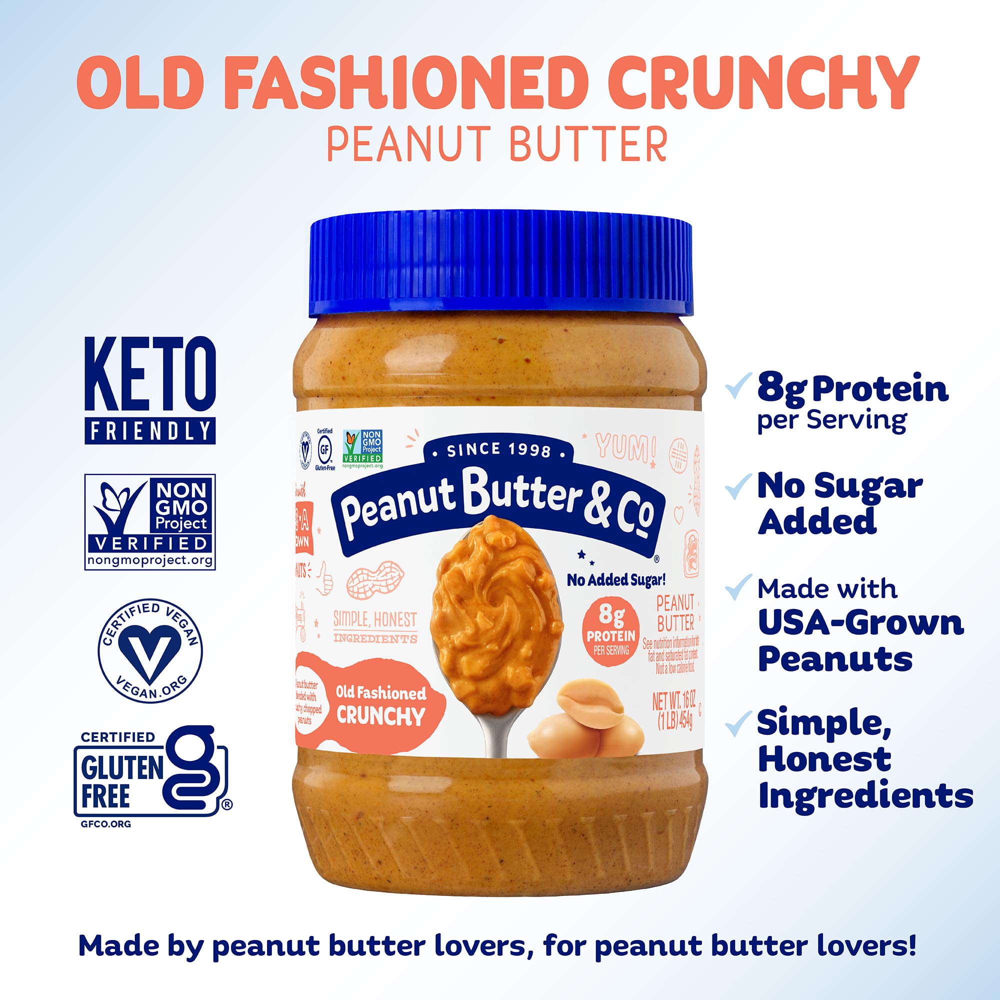 Peanut Butter & Co. Old Fashioned Crunchy Peanut Butter, 8g Protein, Non-GMO Project Verified, No Sugar Added, Gluten Free, Vegan, 16 Ounce (Pack