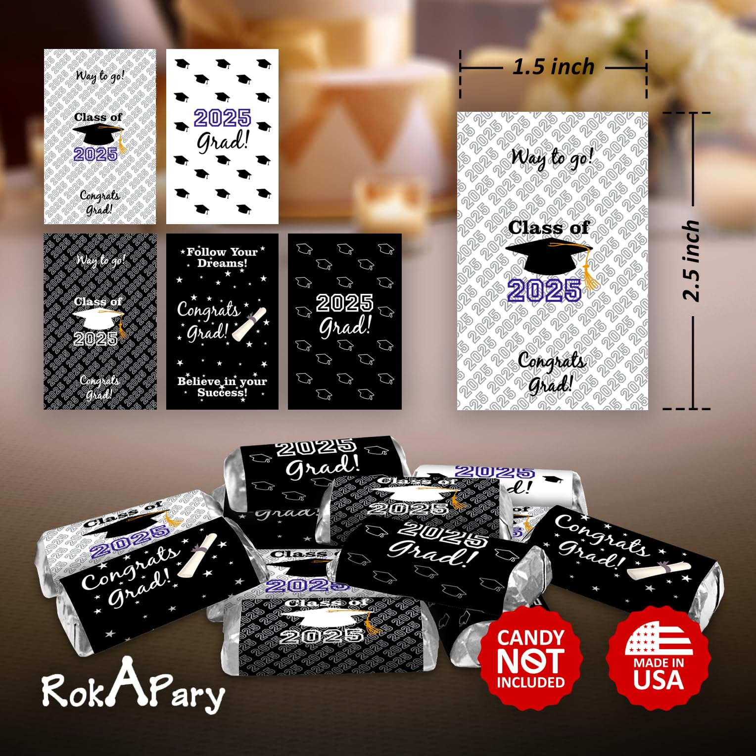 60 New Graduation Cap Party Class of 2026 Miniatures Candy Bar Wrapper, Mini Candy Chocolate Bar Stickers, Labels, Candy Not Included, Color Black