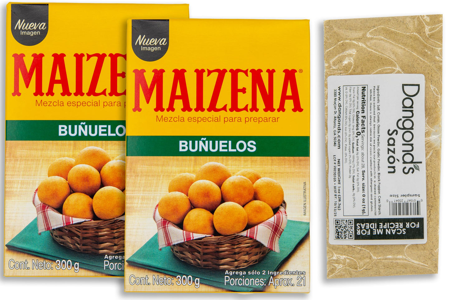 Buñuelos Colombianos Bundle - INCLUDES 2 Boxes of Bunuelo Maizena 300g Each and 1 Bag of Despensa Colombiana Rainbow Nonpareils or Sazon (May Vary)