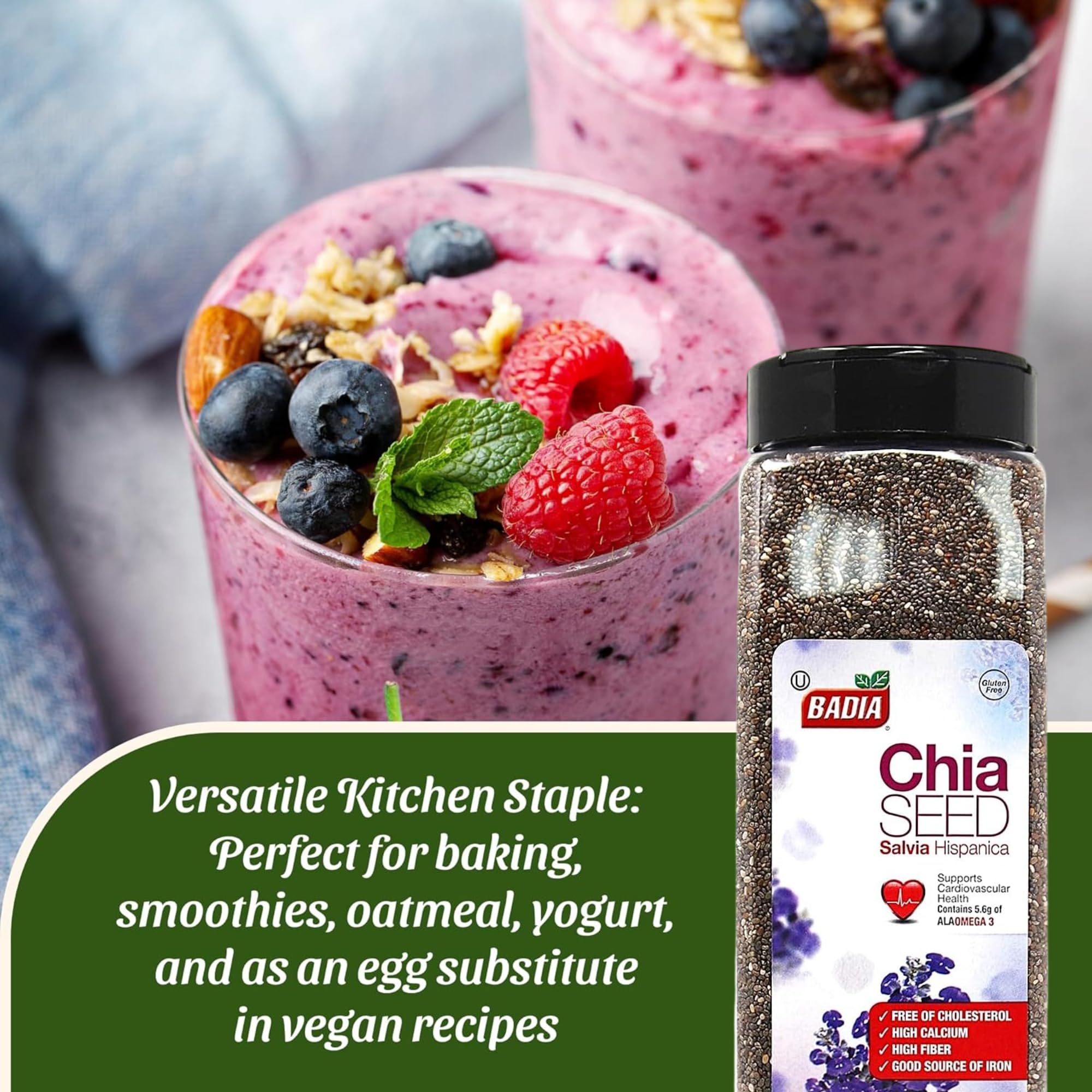 Badia Chia Seed, 22 oz - High Fiber, Omega-3, Protein, Energy Boost - Smoothies, Yogurt, Baking, Oatmeal