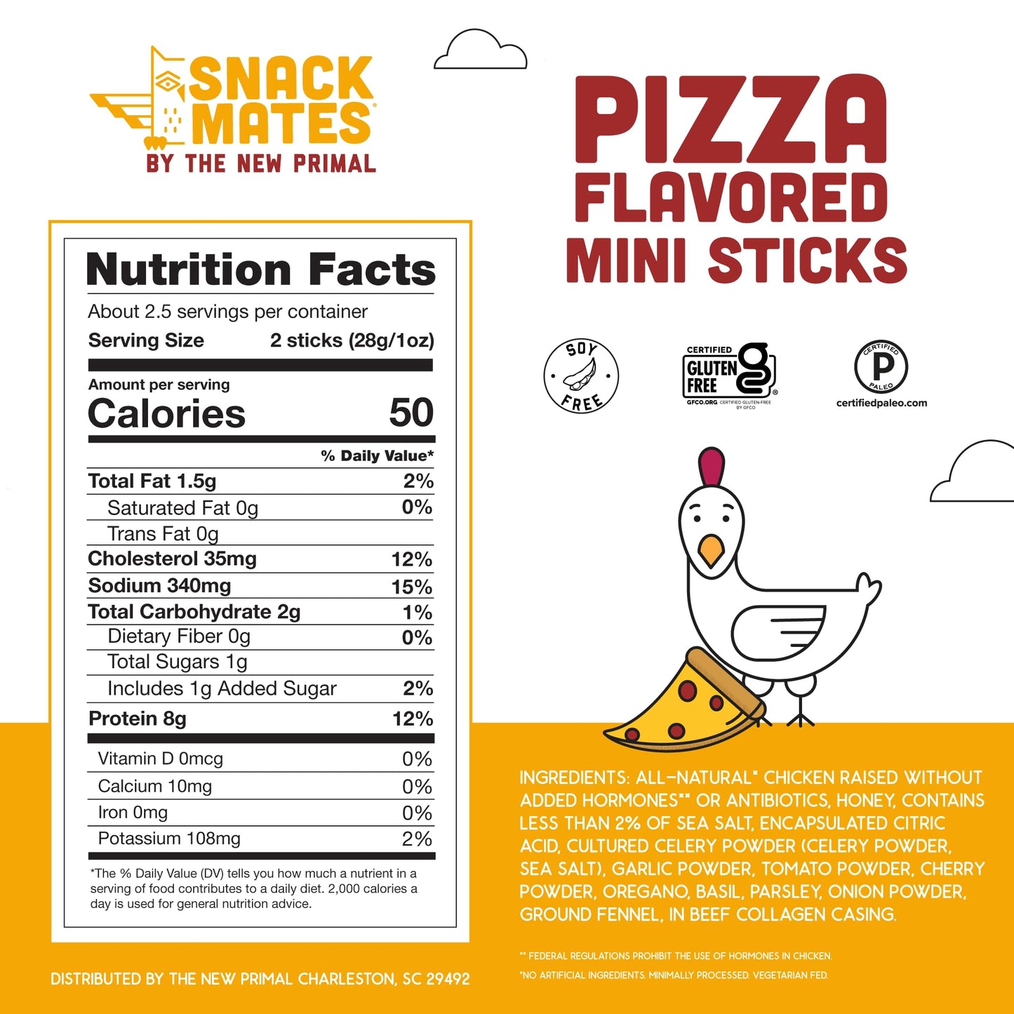 New Primal Snack Mates Pepperoni Pizza Chicken Sticks, Gluten Free Healthy Snacks for Kids, Low Sugar High Protein Back to School Snacks, Mini Paleo
