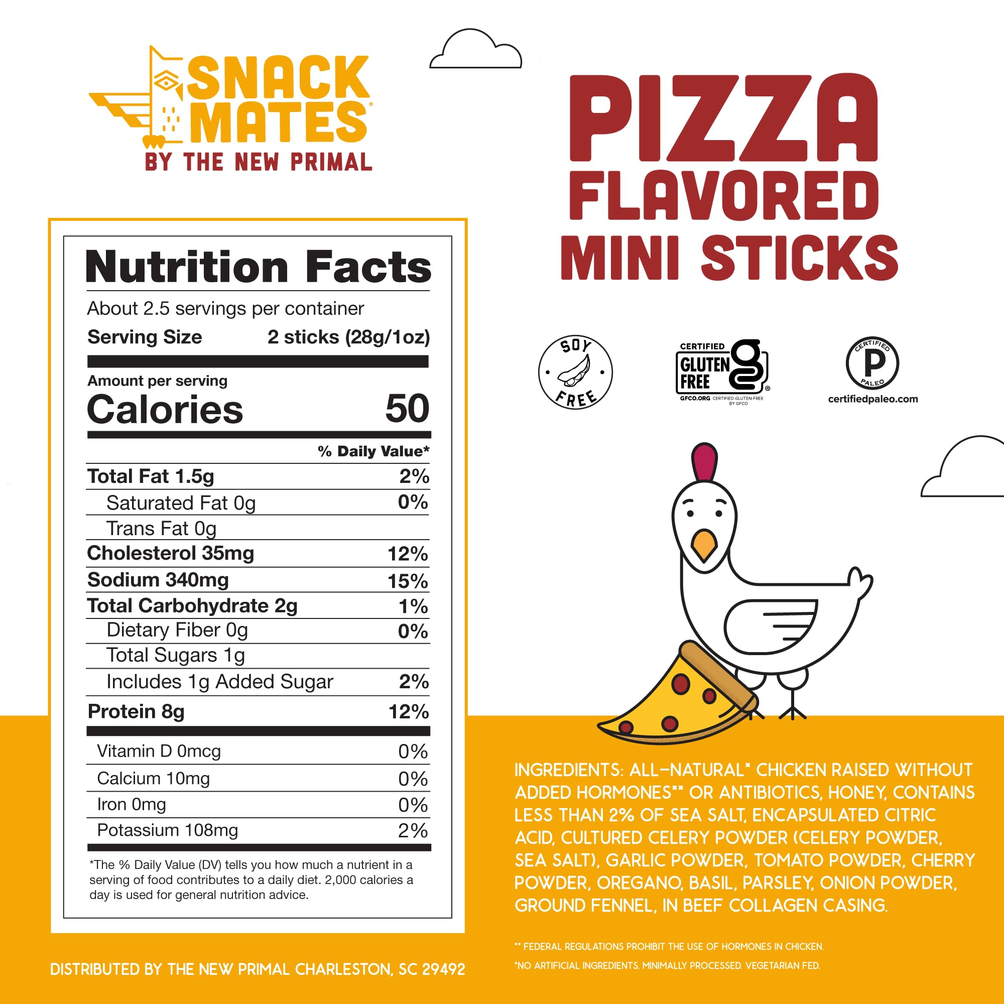 Snack Mates by The New Primal, Chicken Pizza Meat Stick, All Natural Chicken, High Protein and Low Sugar Kids Snack, Certified Paleo, Certified Gluten
