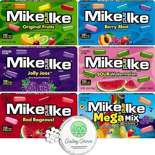 Mike Ike 4.25 OZ Theater Box Variety Bulk (6-Pack) - Jolly Joe's, Red Rageous, Berry Blast, Sour Watermelon, Original Fruit, Mega Mix With Galley