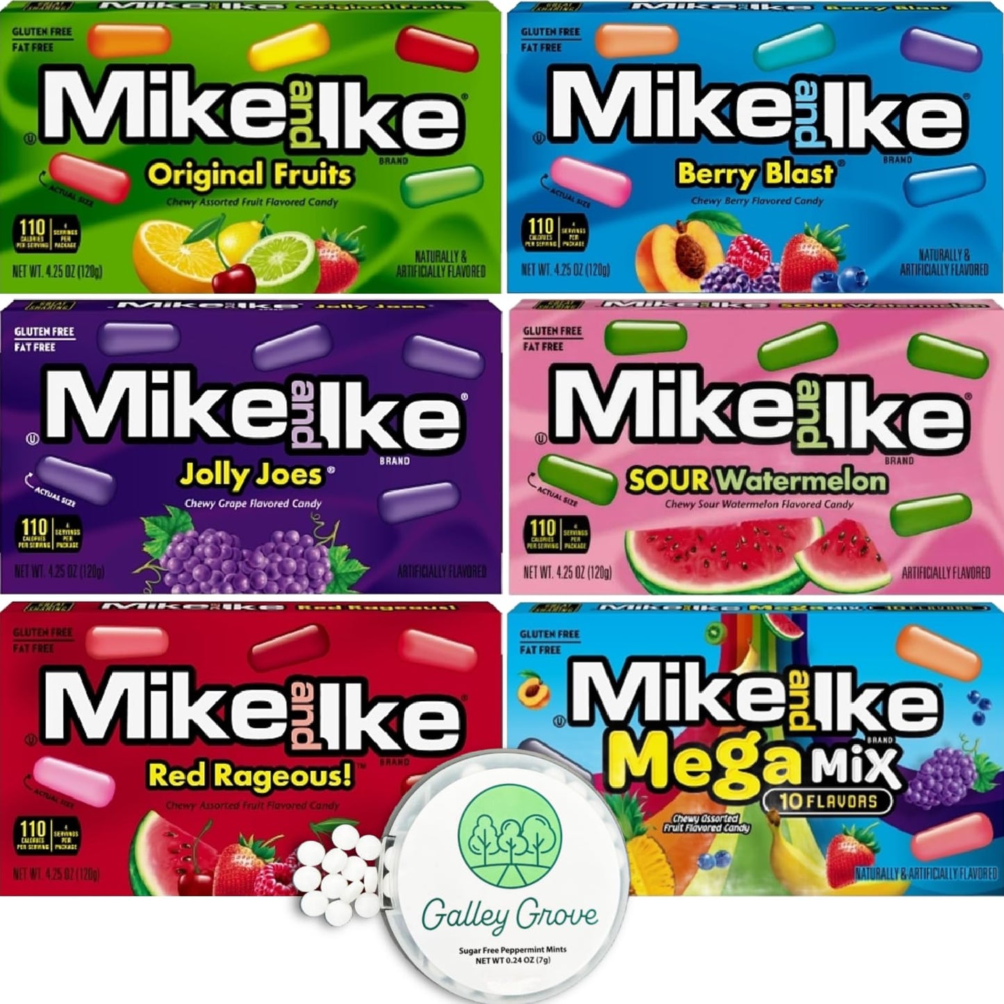 Mike Ike 4.25 OZ Theater Box Variety Bulk (6-Pack) - Jolly Joe's, Red Rageous, Berry Blast, Sour Watermelon, Original Fruit, Mega Mix With Galley