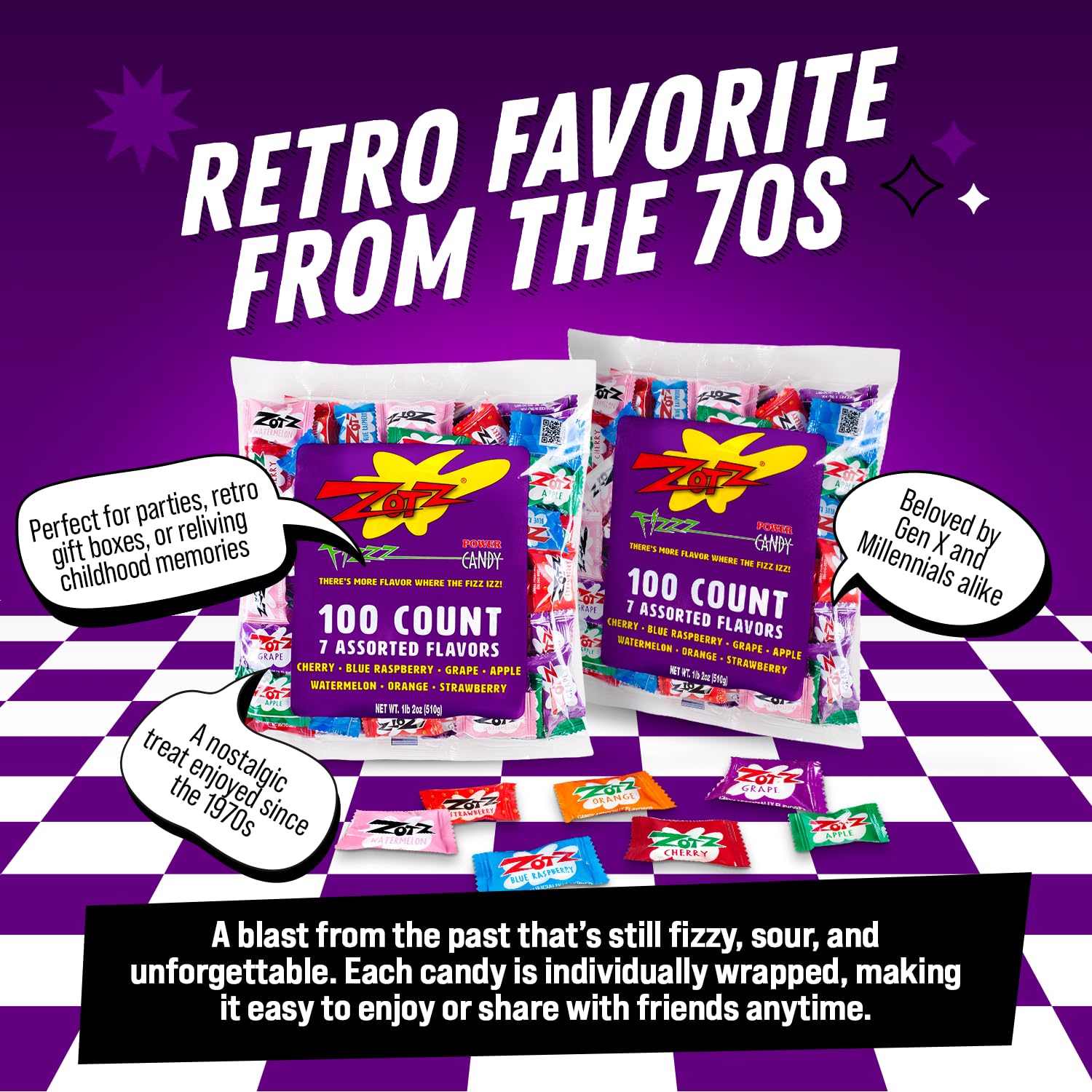 ZOTZ Fizzy Sour Candy Bulk - Retro Italian Hard Candy Individually Wrapped - Classic Nostalgic 7 Assorted Flavors Cherry, Watermelon, Strawberry, Blue