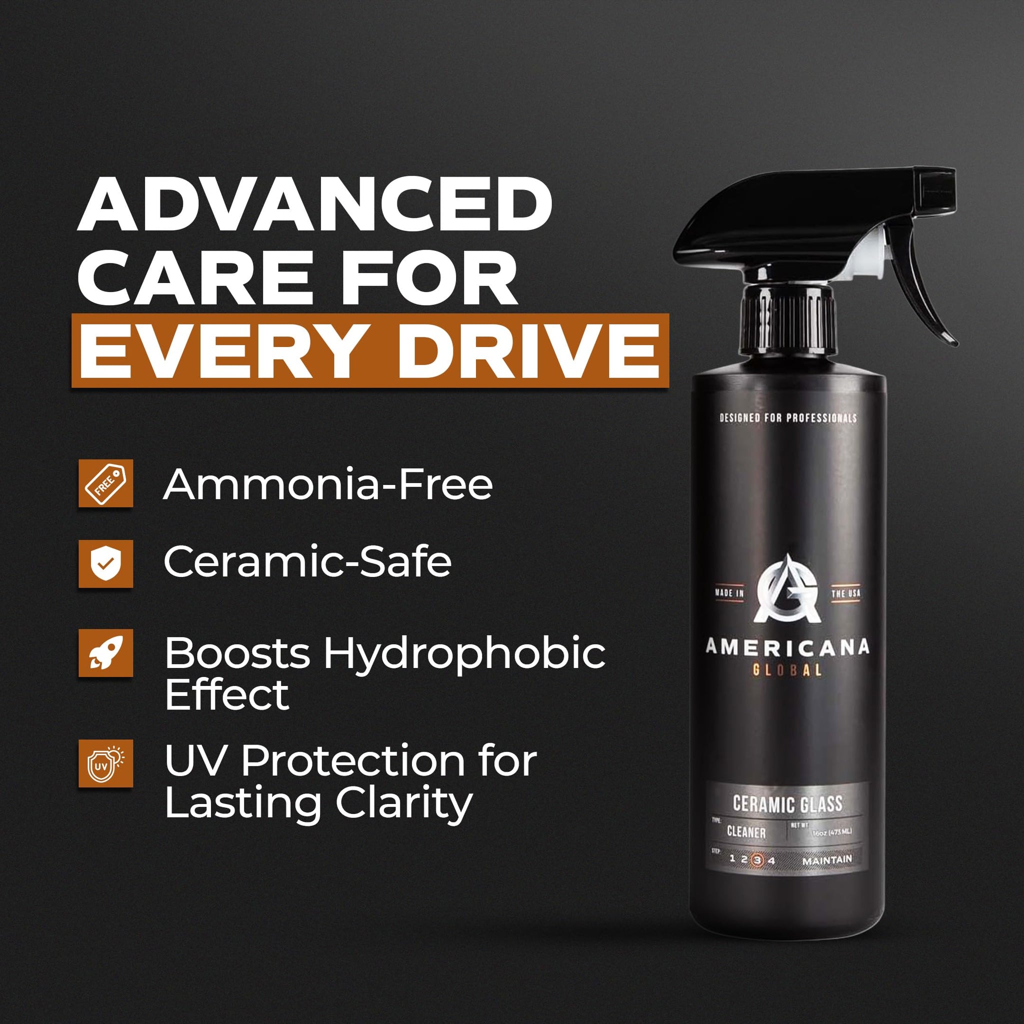 Americana Global Ceramic Glass Cleaner, 16 oz - Streak-Free Formula for Automotive Glass, Enhanced with Ceramic Protection