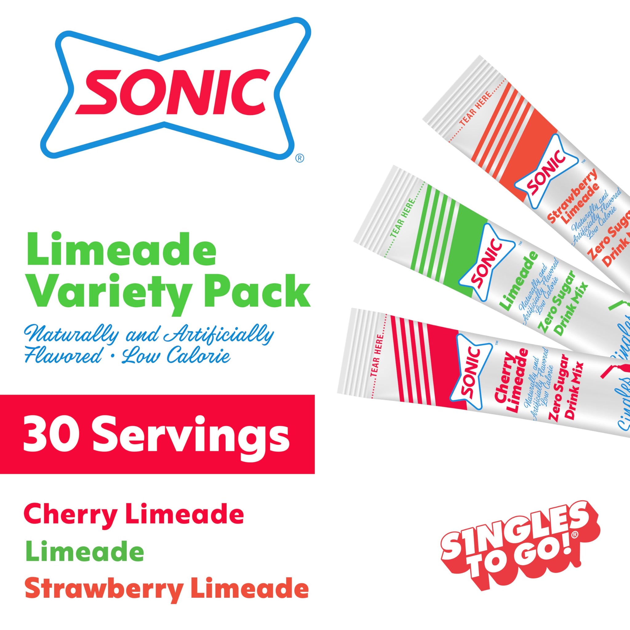 Sonic Singles To Go Limeade Variety Pack, Watertok Powdered Drink Mix, Includes 3 Flavors, Limeade, Cherry Limeade, Strawberry Limeade, 1 Box (30