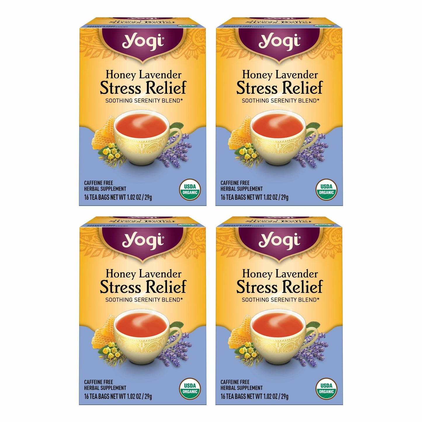 Yogi Tea Honey Lavender Stress Relief - 16 Bags per Pack (4 Packs) - Organic Chamomile Lavender Tea - Includes Lemon Balm, Lemongrass, Spearmint Leaf