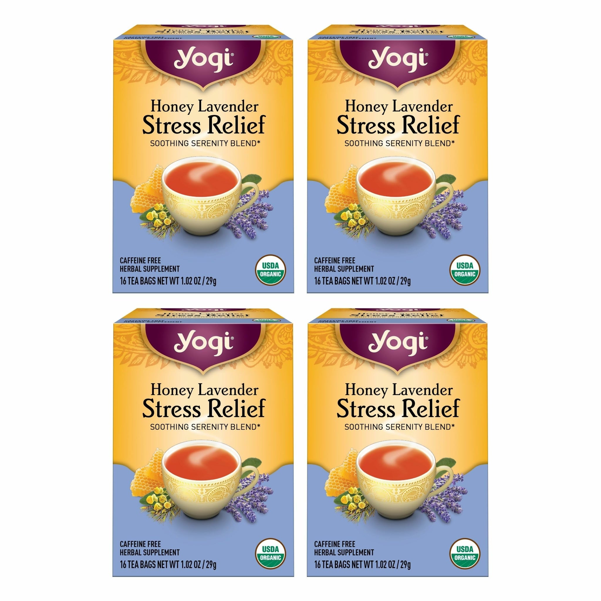 Yogi Tea Honey Lavender Stress Relief - 16 Bags per Pack (4 Packs) - Organic Chamomile Lavender Tea - Includes Lemon Balm, Lemongrass, Spearmint Leaf