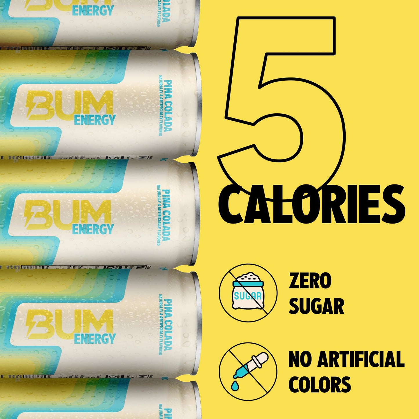 BUM Sugar-Free Energy Drink, Pina Colada - Lightly Carbonated & No Artificial Colors, Natural Caffeine & Citicoline for Energy & Focus, Brain Boost