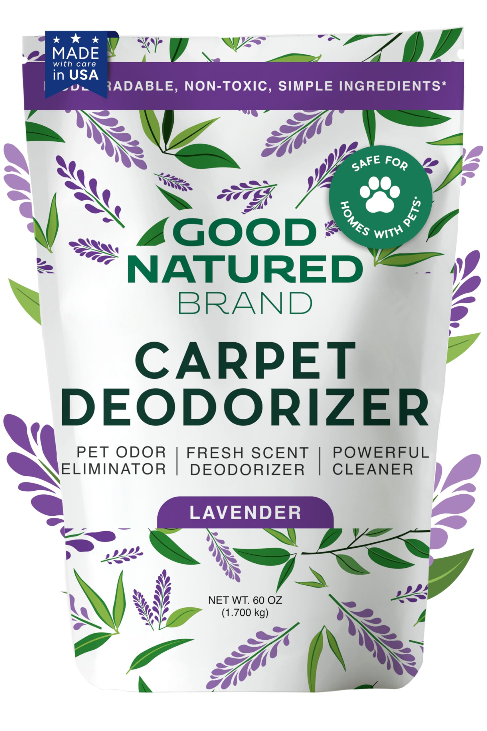 Good Natured Brand | Carpet Deodorizer & Freshener Powder | 60 oz Pet Odor Eliminator for Strong Odor & Pet Urine | Fresh Natural Lavender | Safe