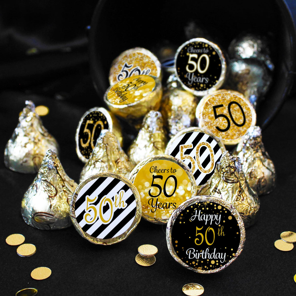50th Birthday Candy Stickers, Black and Gold, 180 Count, 0.75" Round