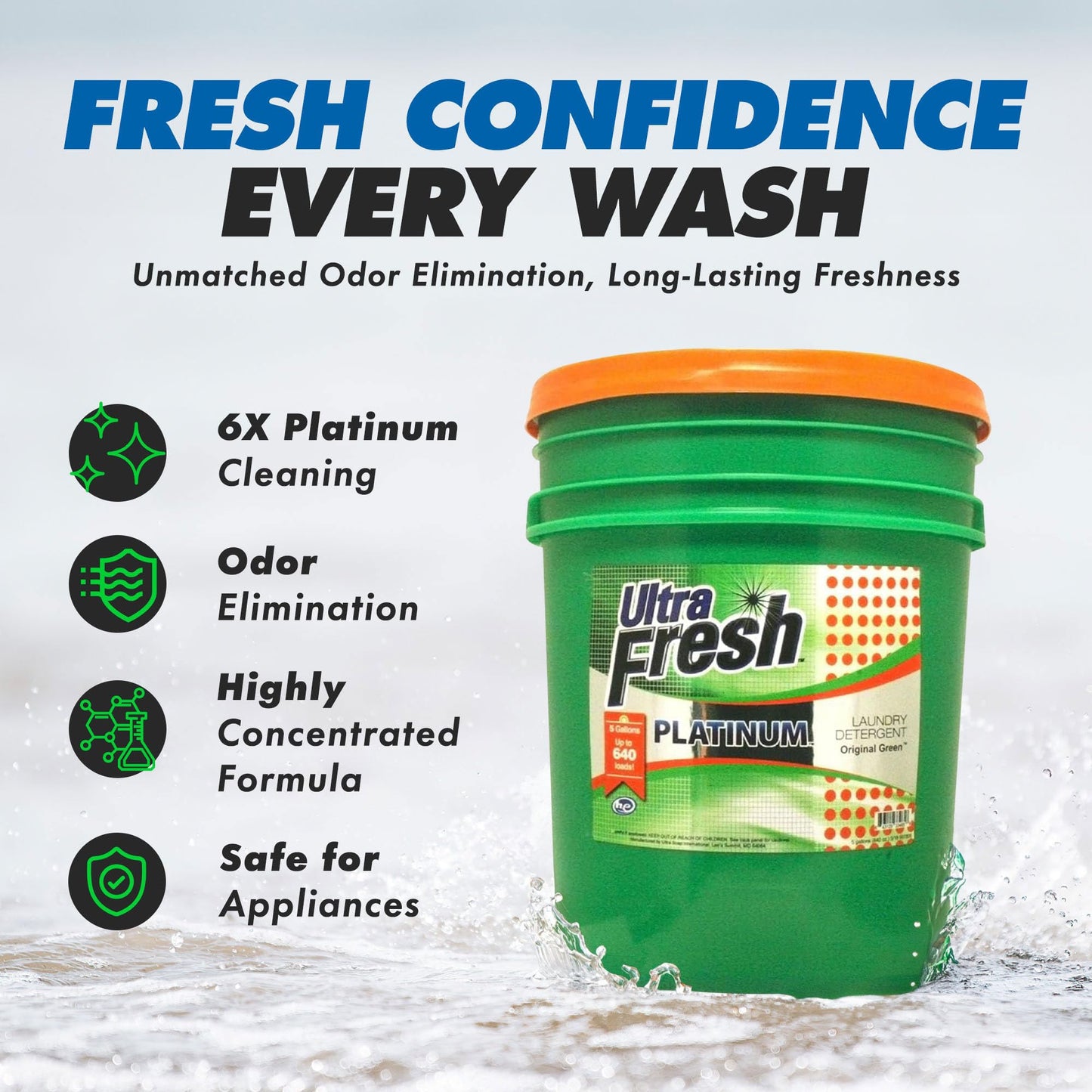 Ultra Fresh 3X Platinum 5 Gallon Laundry Detergent Liquid for All Machine Types with Easy Dispensing Pump, Up to 640 Loads, Original Green (2 Pack)