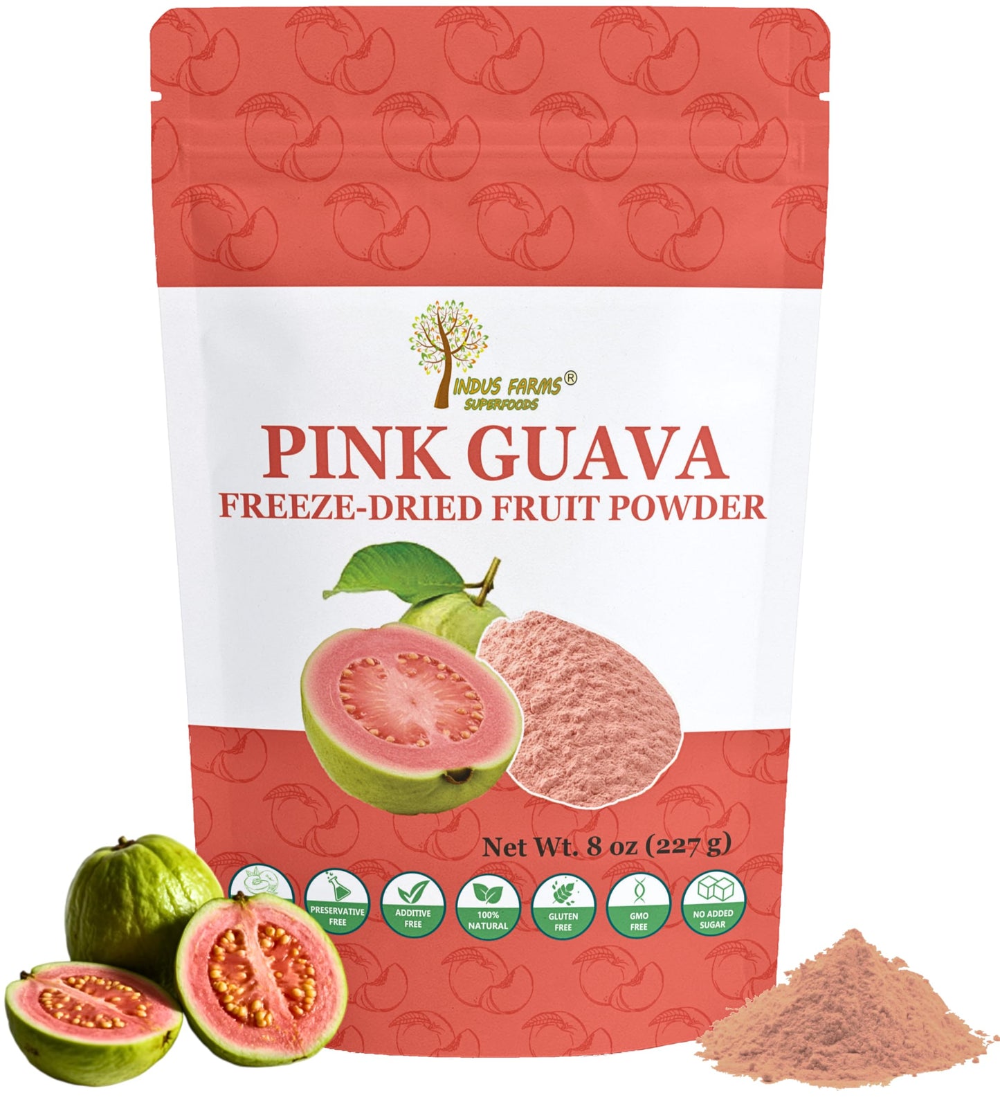 Indus Farms Freeze Dried Pink Guava Powder, Unsweetened Tropical Fruit for Smoothies, Yogurt, Baking & Ice Cream, Single Ingredient, No Added Sugar