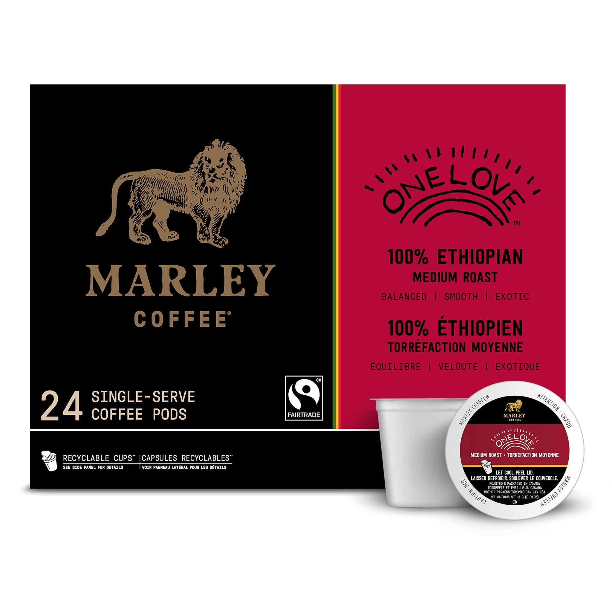 Marley Coffee One Love, 100% Ethiopian, Medium Roast Coffee, Keurig K-Cup Brewer Compatible Pods, 24 Count