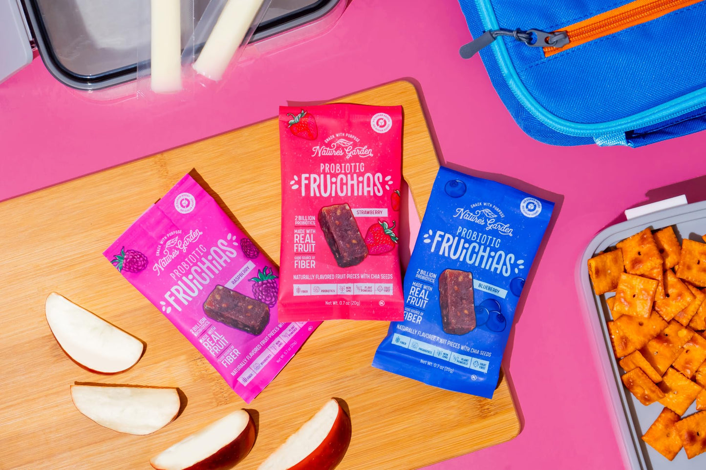 Nature's Garden Probiotic Fruichias Variety Pack - 24 Pack x 0.7oz, Probiotic Fruit Snack with Chia Seeds, Strawberry, Blueberry, Raspberry , No Sugar