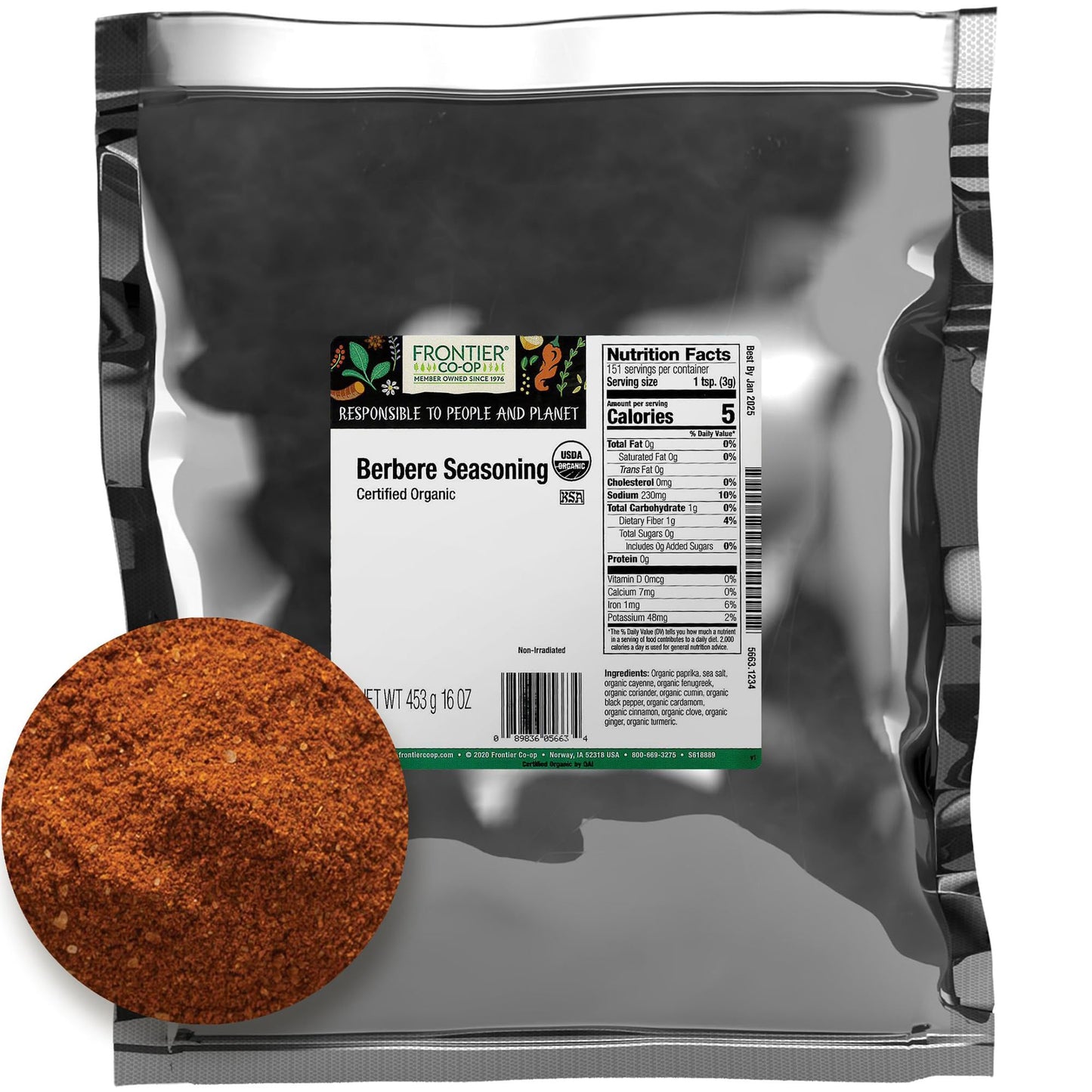 Frontier Co-op Berbere Seasoning, 1lb Bulk Bag, Organic & Natural Berbere Spice Blend - Premium Spicy Seasoning for Ethiopian Food & More, Kosher