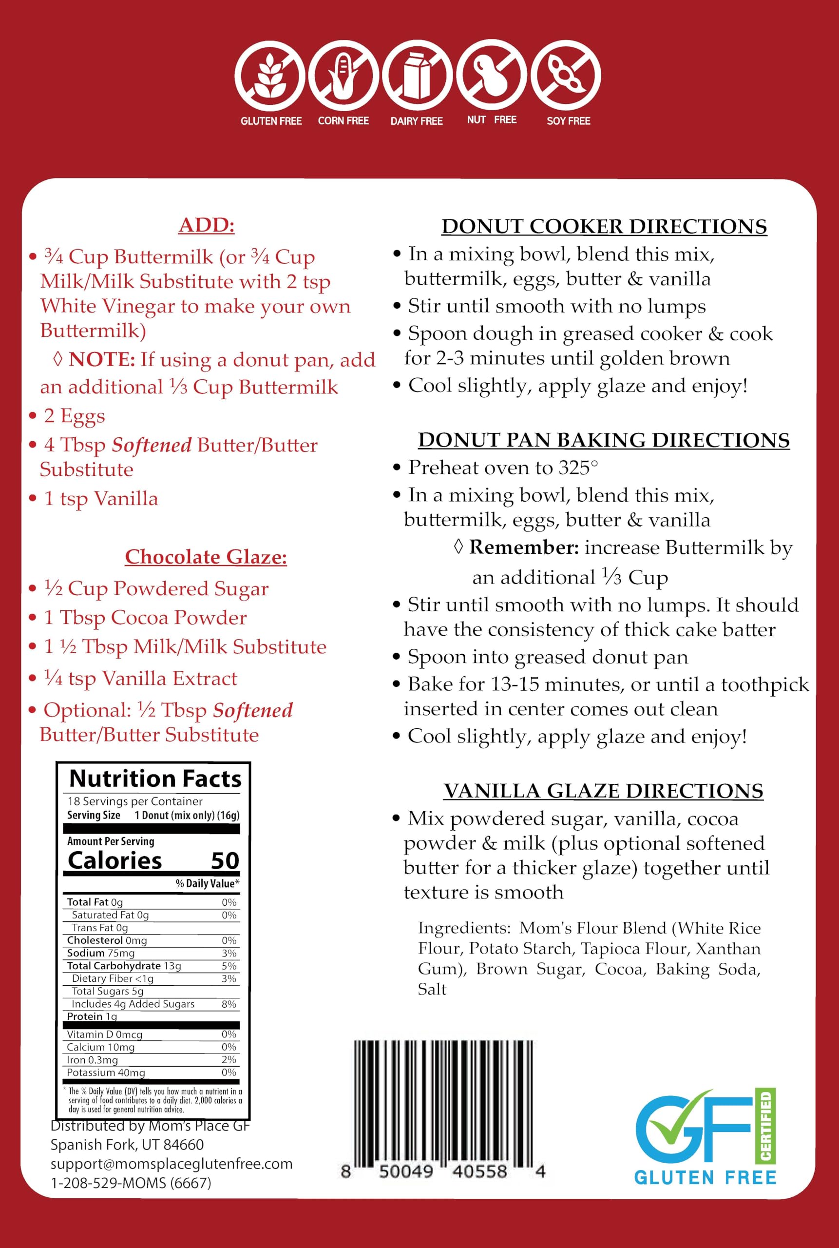 Mom's Place Gluten-Free Mini Chocolate Donut Mix, Makes 18 Servings, Nut Free, Dairy Free & Soy Free, 10 oz.
