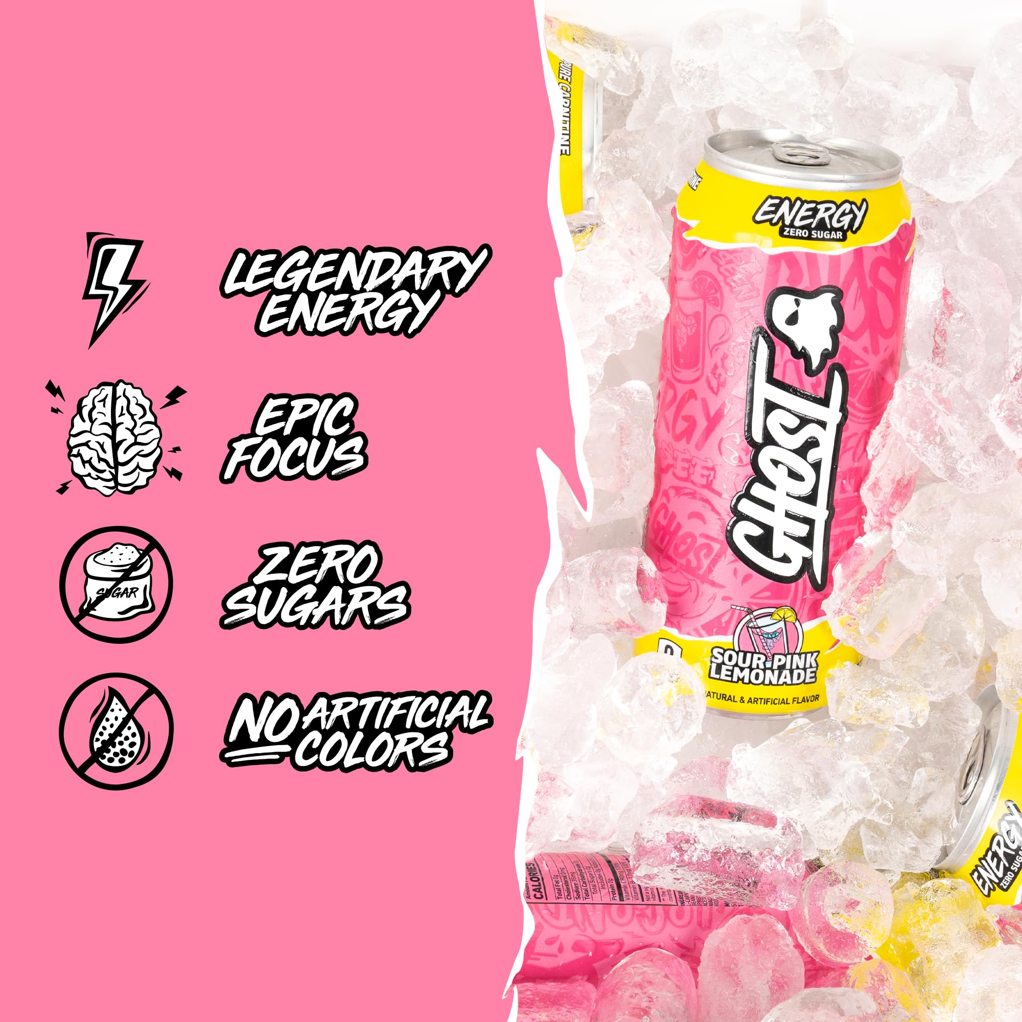 GHOST Energy Drink - 12-Pack, Sour Pink Lemonade, 16oz Cans - Energy & Focus & No Artificial Colors - 200mg of Natural Caffeine, L-Carnitine & Taurine