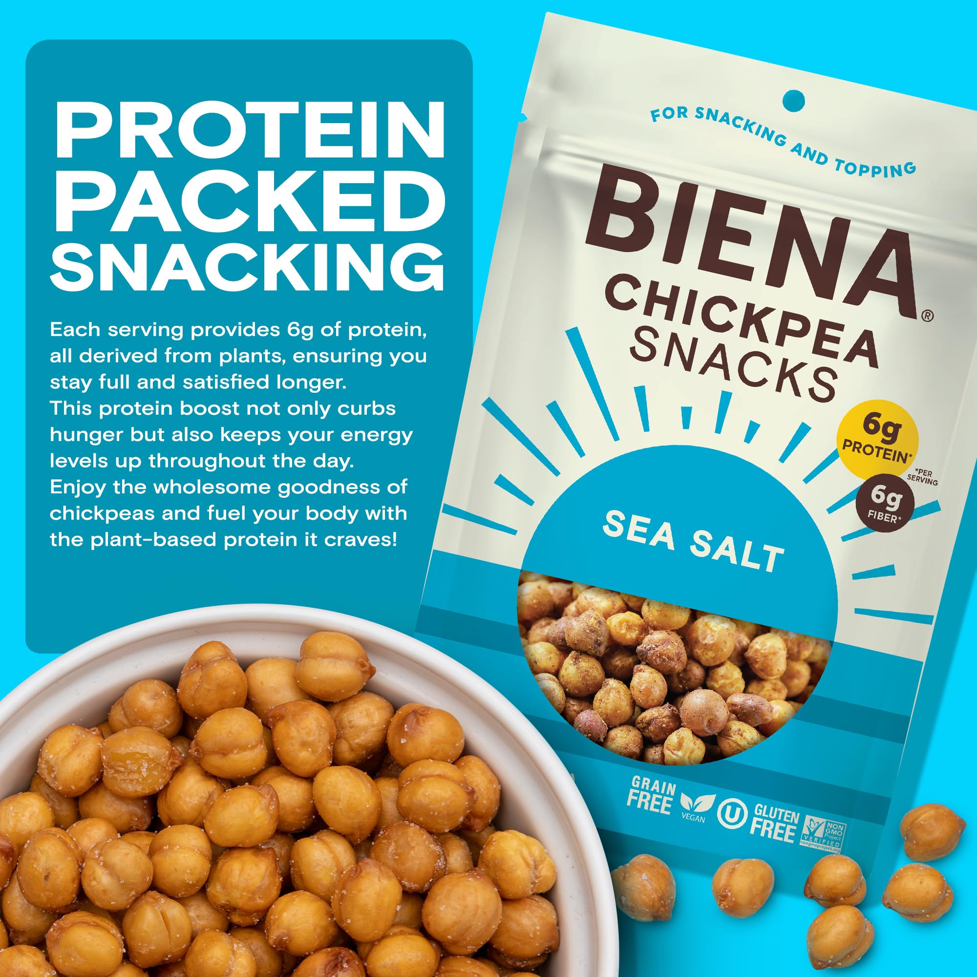 BIENA Chickpea Snacks - Crunchy Roasted Chickpeas - High Fiber Vegan Protein Snacks for Adults and Kids - 8-Pack, 5 Ounce Bags - Sea Salt