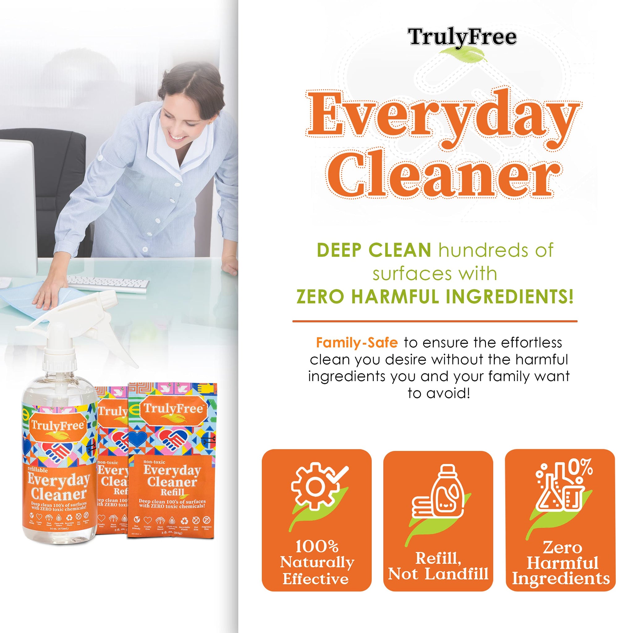 Truly Free Everyday Cleaner Kit - Multipurpose Cleaner Spray, Kitchen Counter Cleaner, Natural Cleaning Products, Multi-Surface Household Solution, 16