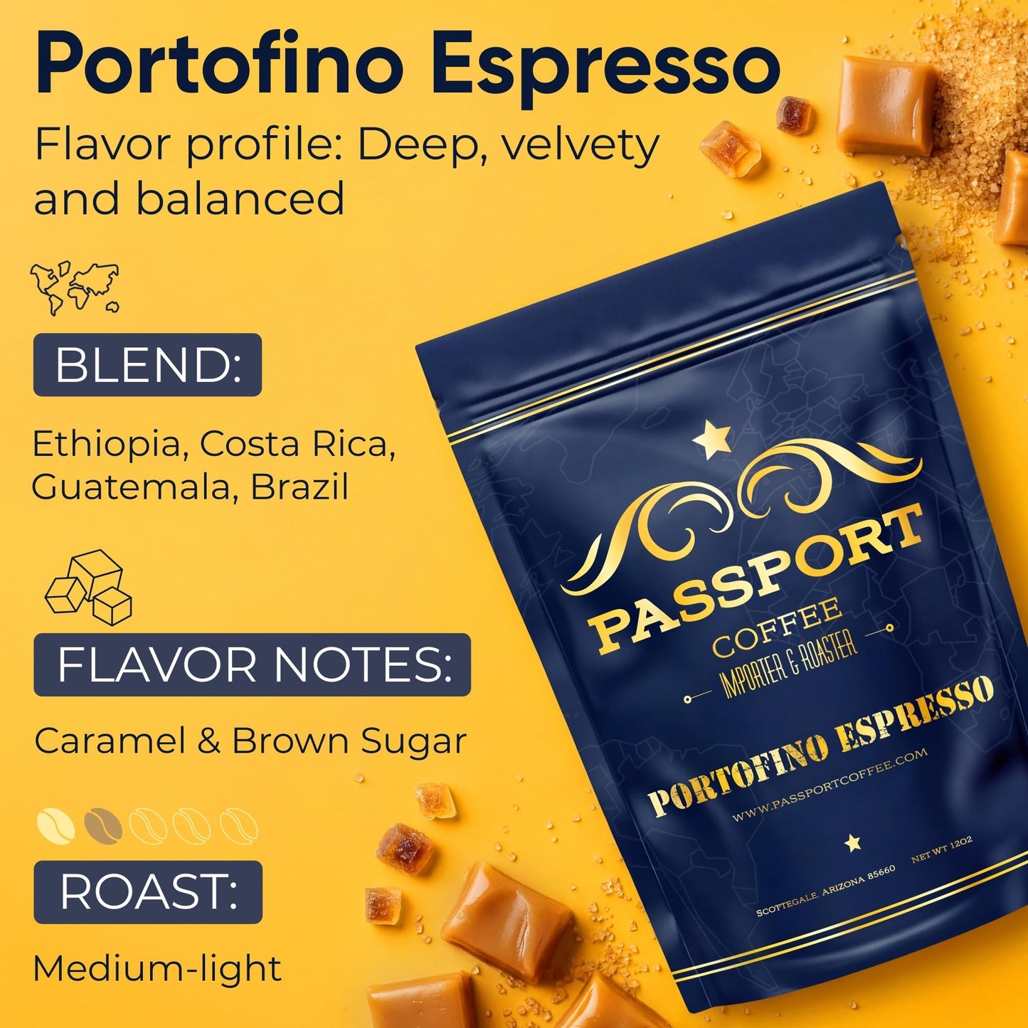 Passport Coffee Portofino Espresso - Medium-Light roast blend from Ethiopia, Costa Rica, Guatemala & Brazil. Flavor notes of caramel & brown sugar